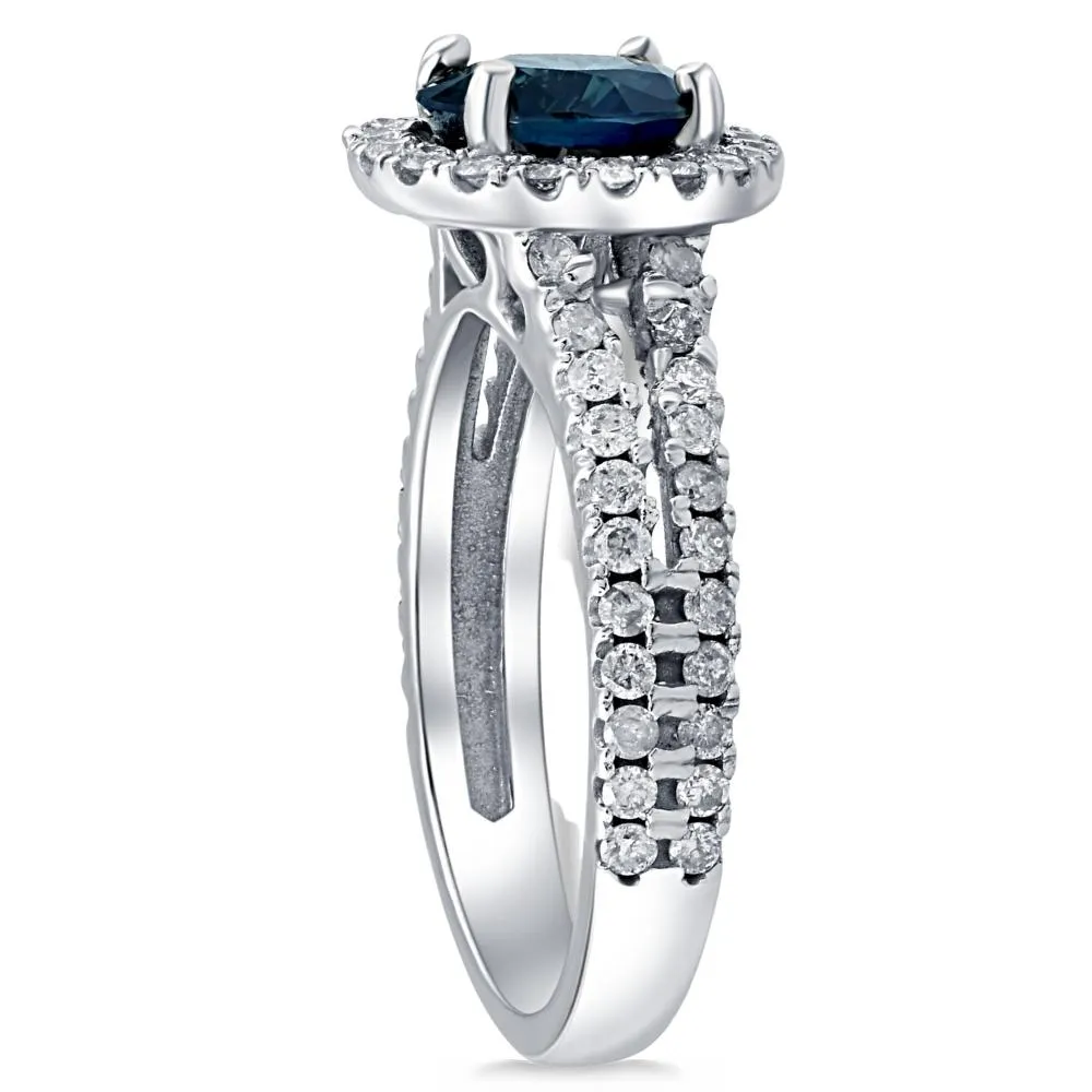 1 3/4Ct TW Diamond & Sapphire Halo Split Shank Engagement Ring 14k White Gold