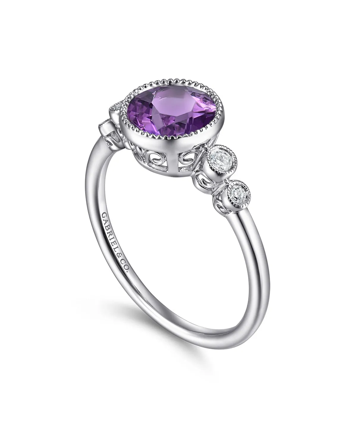 14K White Gold Round Bezel Set Amethyst and Diamond Ring