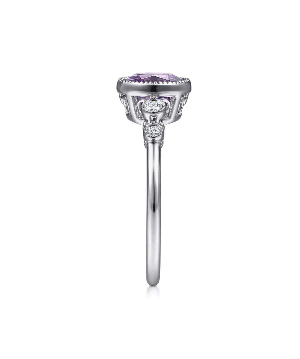 14K White Gold Round Bezel Set Amethyst and Diamond Ring