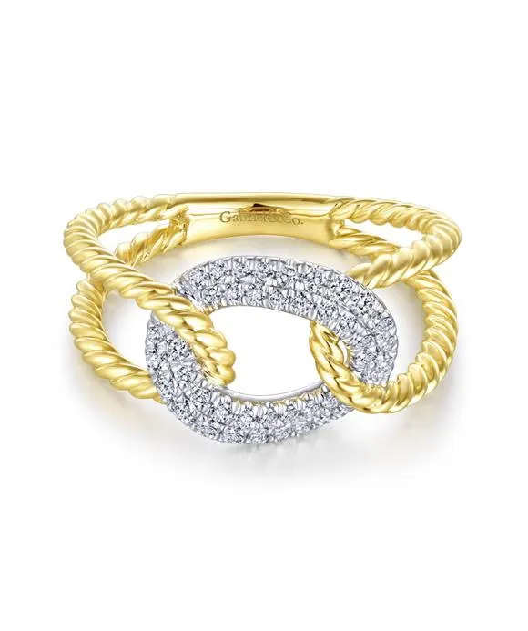 14K Yellow and White Gold Twisted Rope Link Ring with Diamond Pavé Station