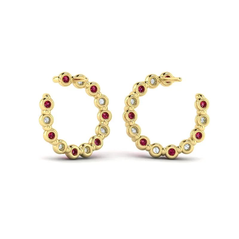 14K YELLOW GOLD ALTERNATING DIAMOND AND RUBY ANGLED HOOP EARRINGS