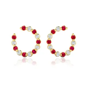 14K YELLOW GOLD ALTERNATING DIAMOND AND RUBY ANGLED HOOP EARRINGS