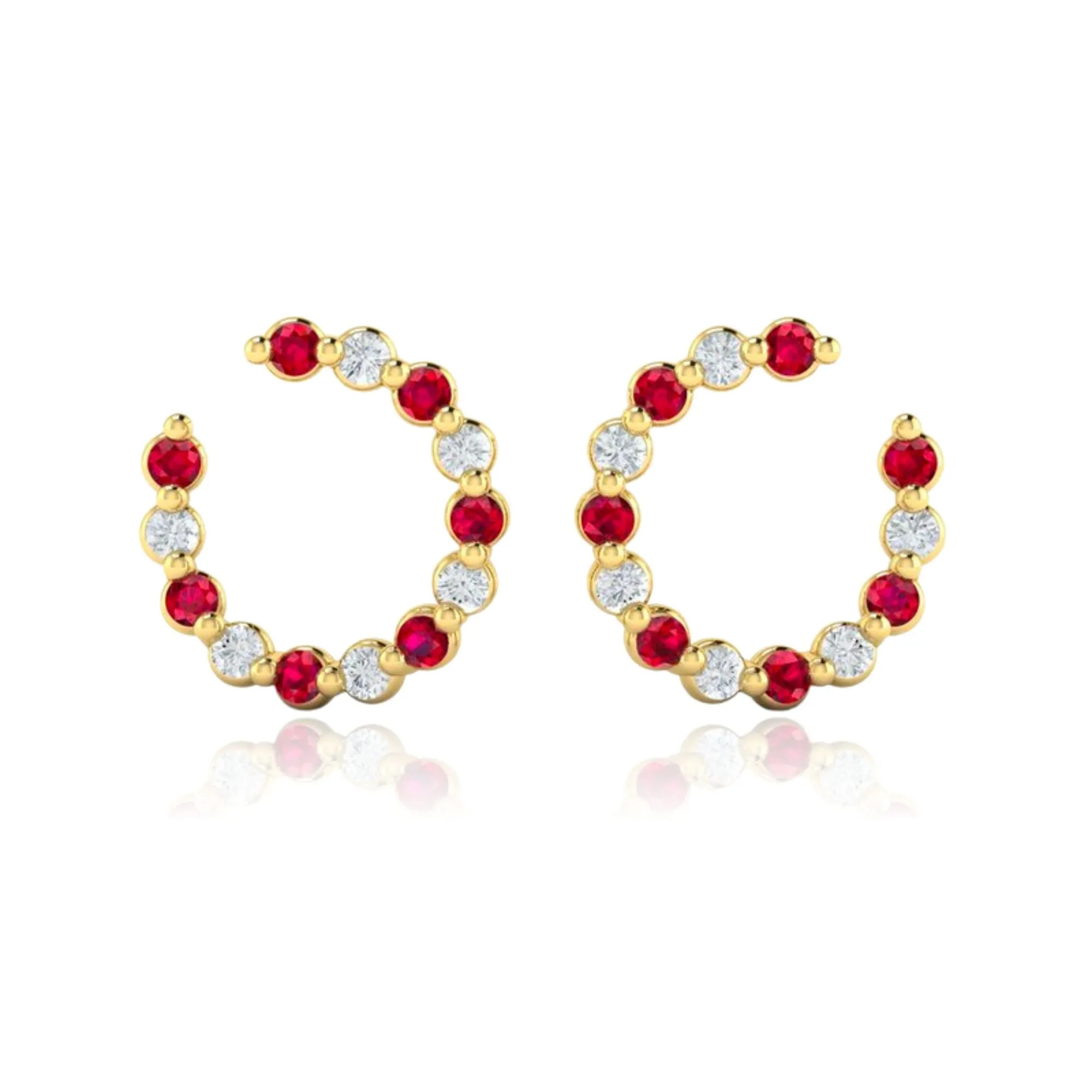 14K YELLOW GOLD ALTERNATING DIAMOND AND RUBY ANGLED HOOP EARRINGS