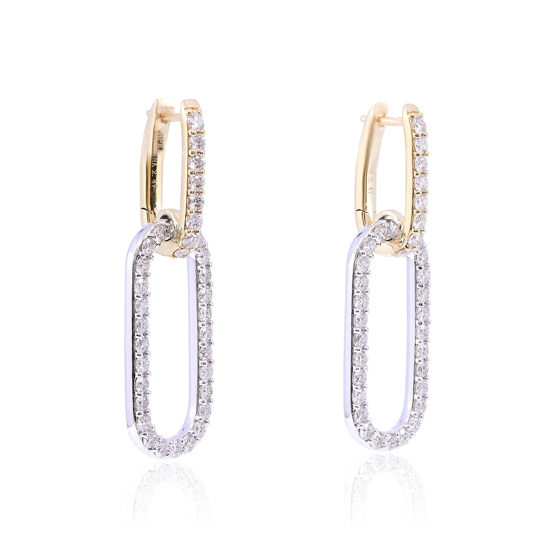 18K WHITE AND YELLOW GOLD DOUBLE PAPERCLIP LINK DROP EARRINGS WITH DIAMONDS - 2.47CTW