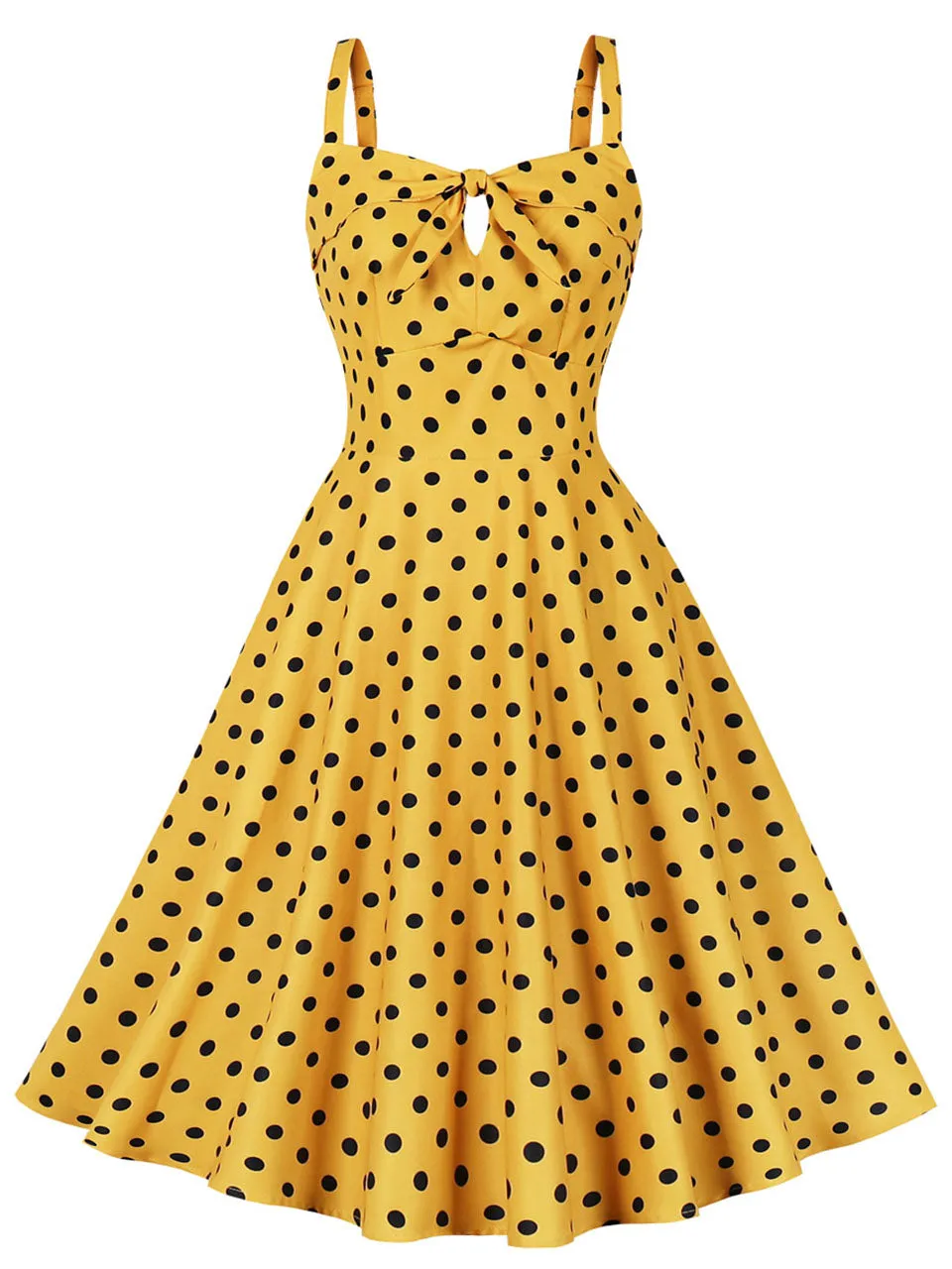 1950S Spaghetti Strap Bow Vintage Dress With Yellow and Black Polka Dots