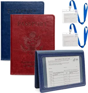 2 Pack Waterproof PU Leather Passport and Vaccine Card Holder Combo and Vaccine Card Protector Waterproof