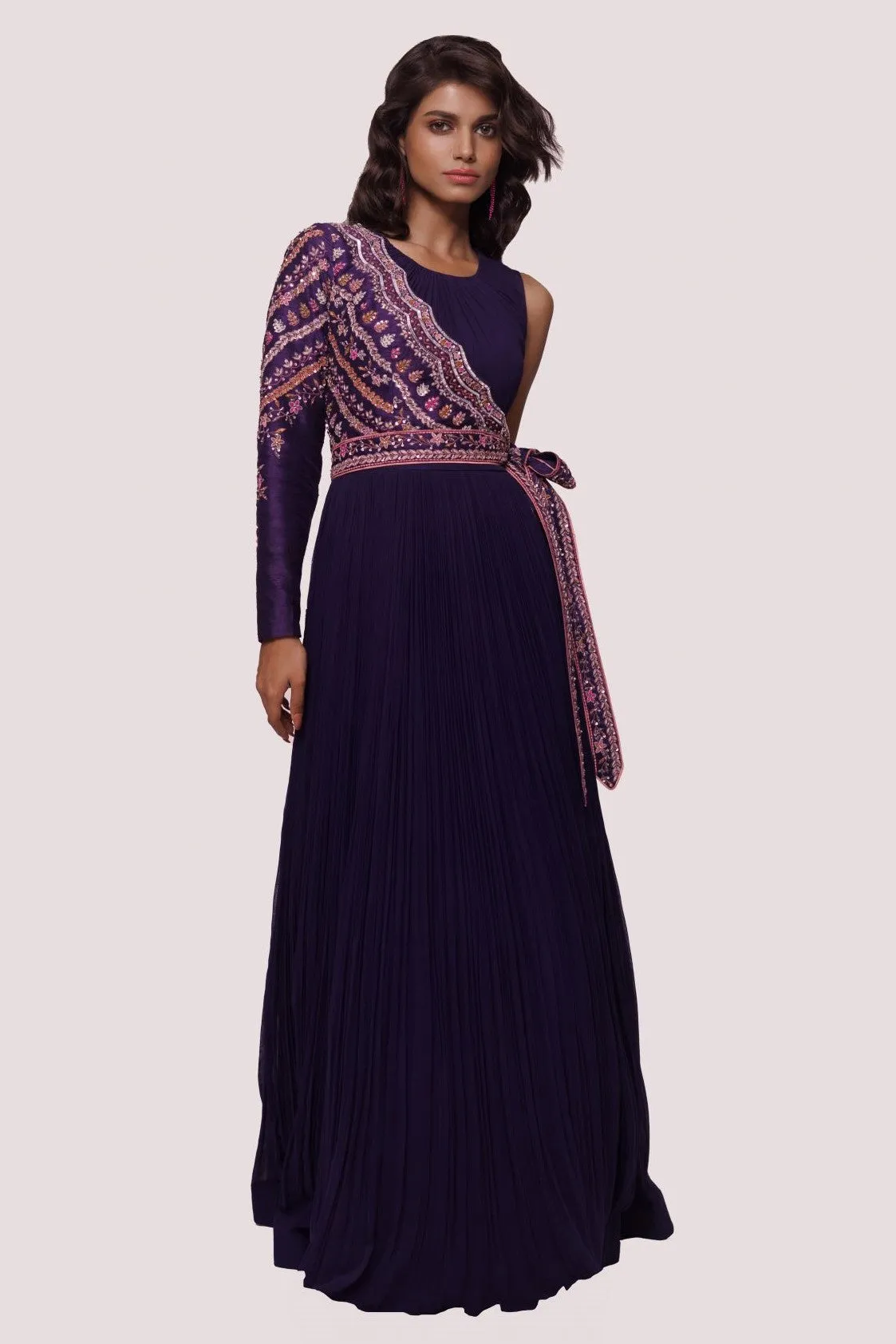 50Z906-RO Purple Gown With Attached Faux Jacket