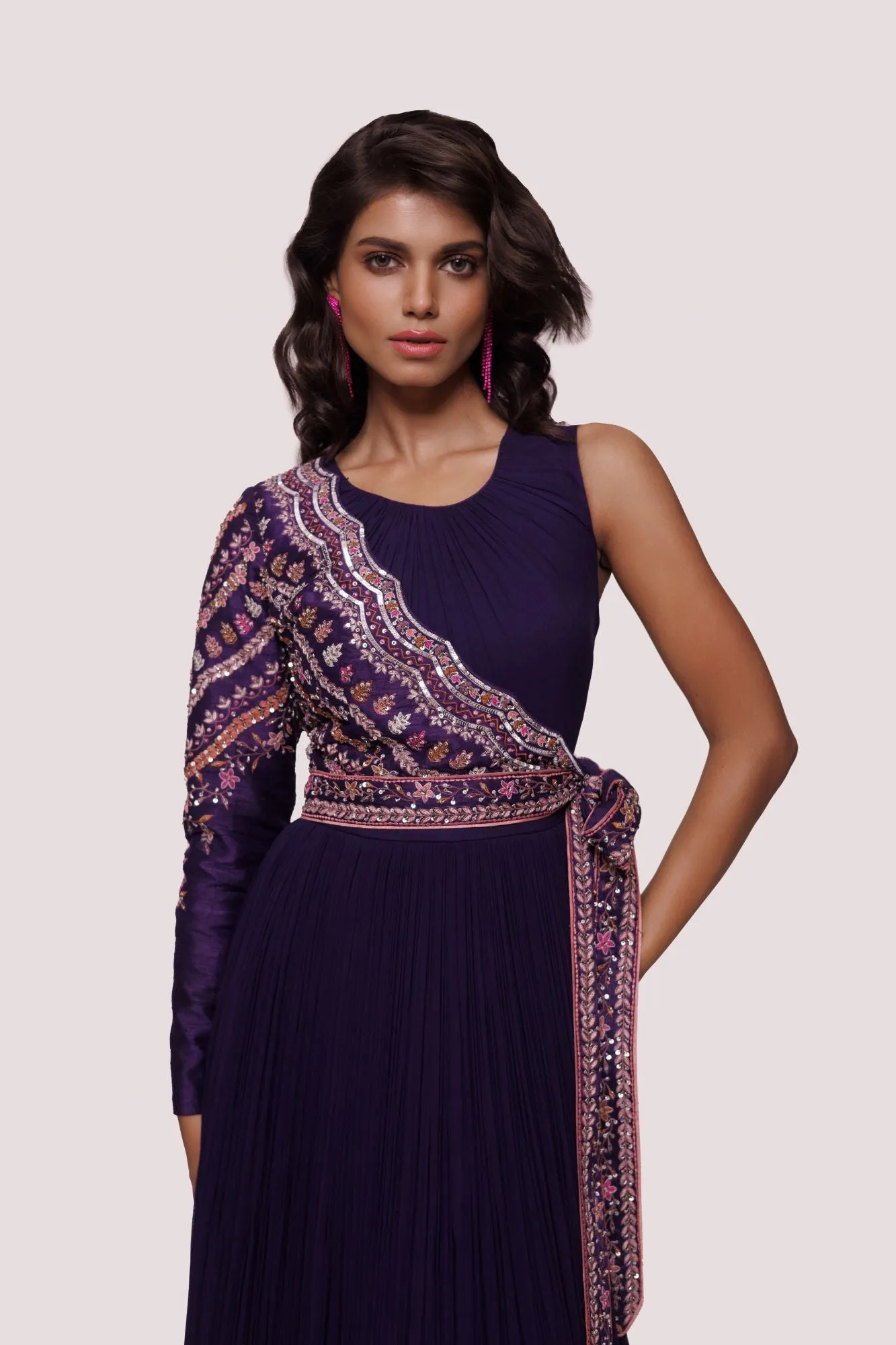 50Z906-RO Purple Gown With Attached Faux Jacket