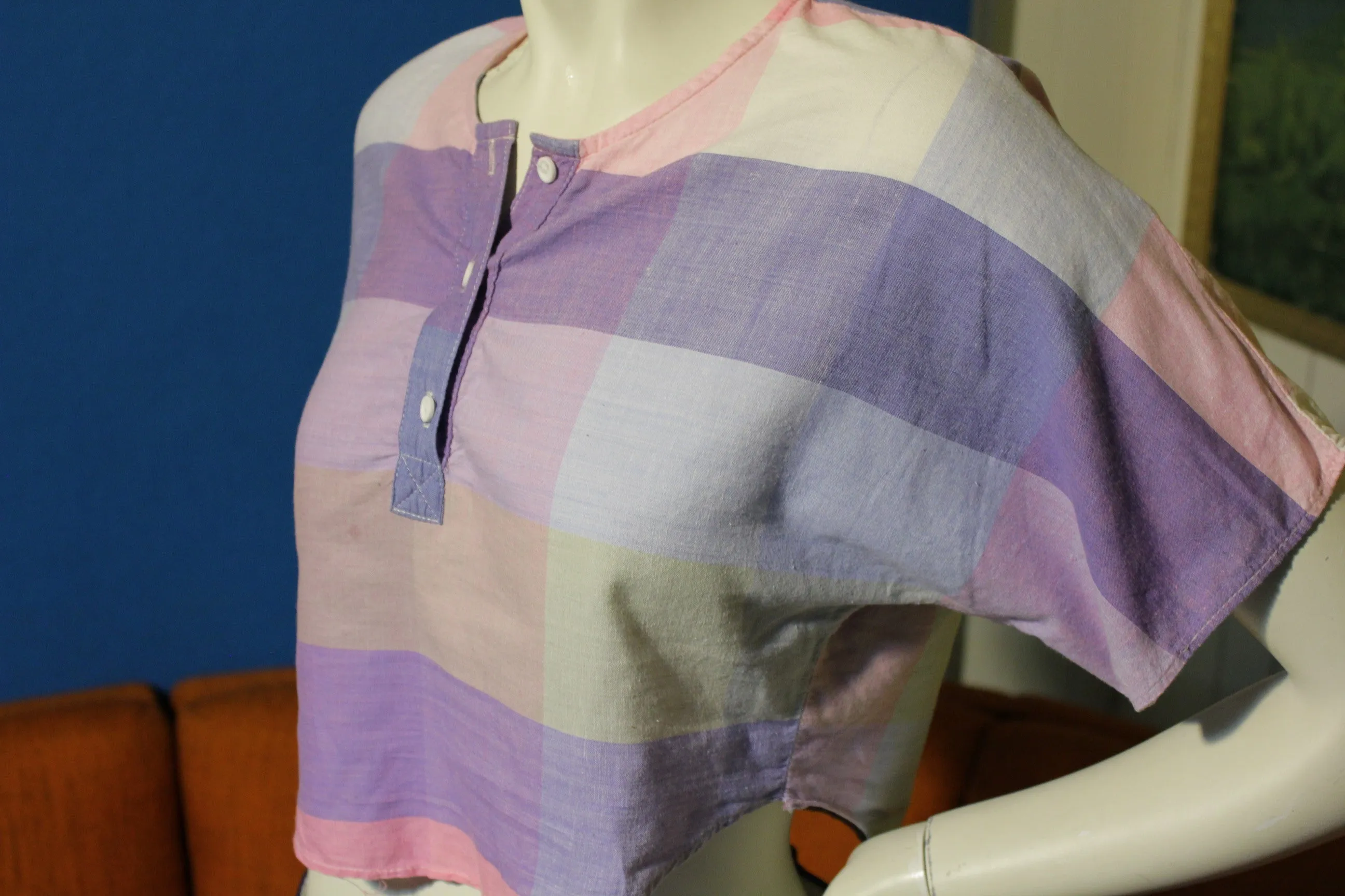 80's Pastel Half Shirt JR's Women's Medium Button Checkered