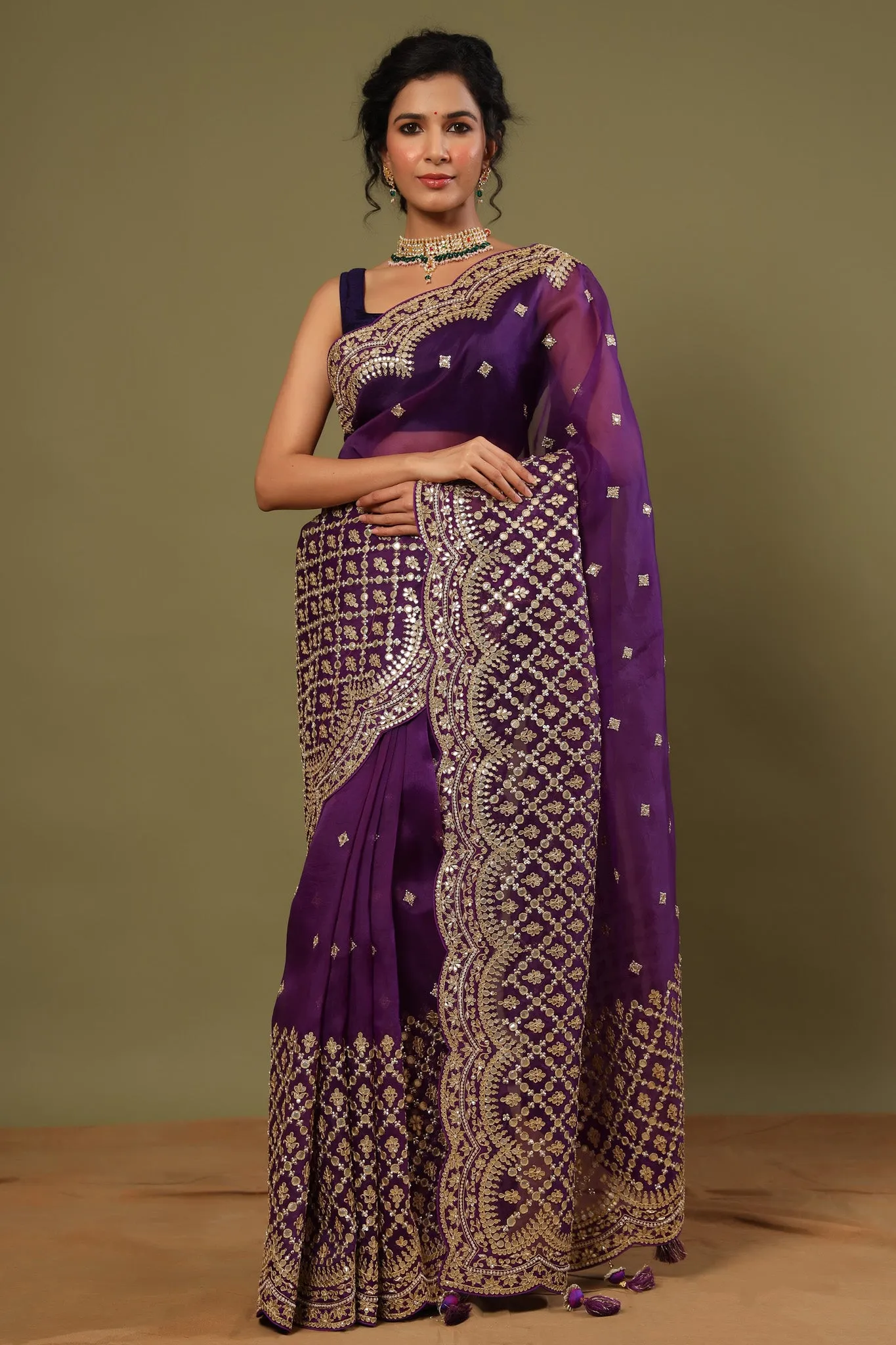 90Z528-RO Purple Organza Silk Saree with Embroidered Scalloped Border