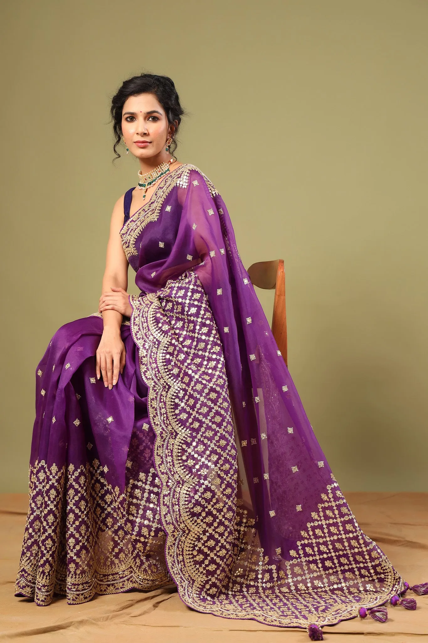 90Z528-RO Purple Organza Silk Saree with Embroidered Scalloped Border