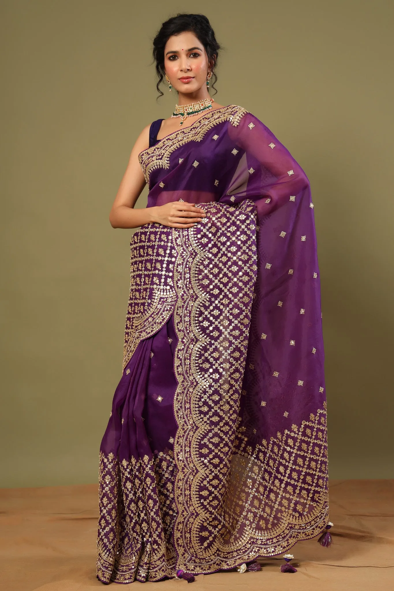 90Z528-RO Purple Organza Silk Saree with Embroidered Scalloped Border