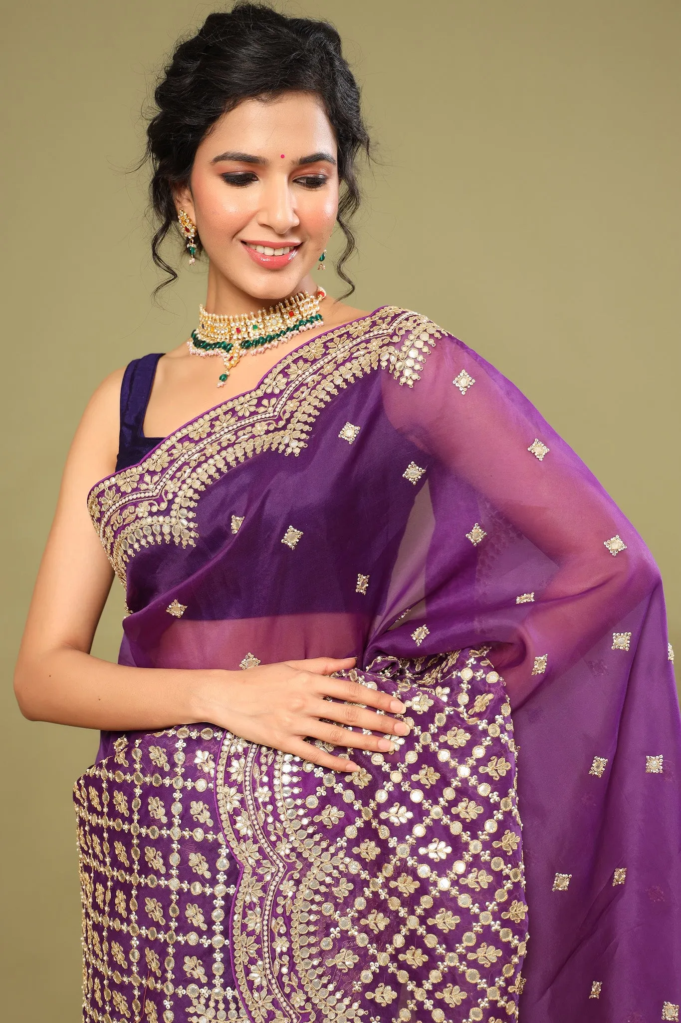 90Z528-RO Purple Organza Silk Saree with Embroidered Scalloped Border