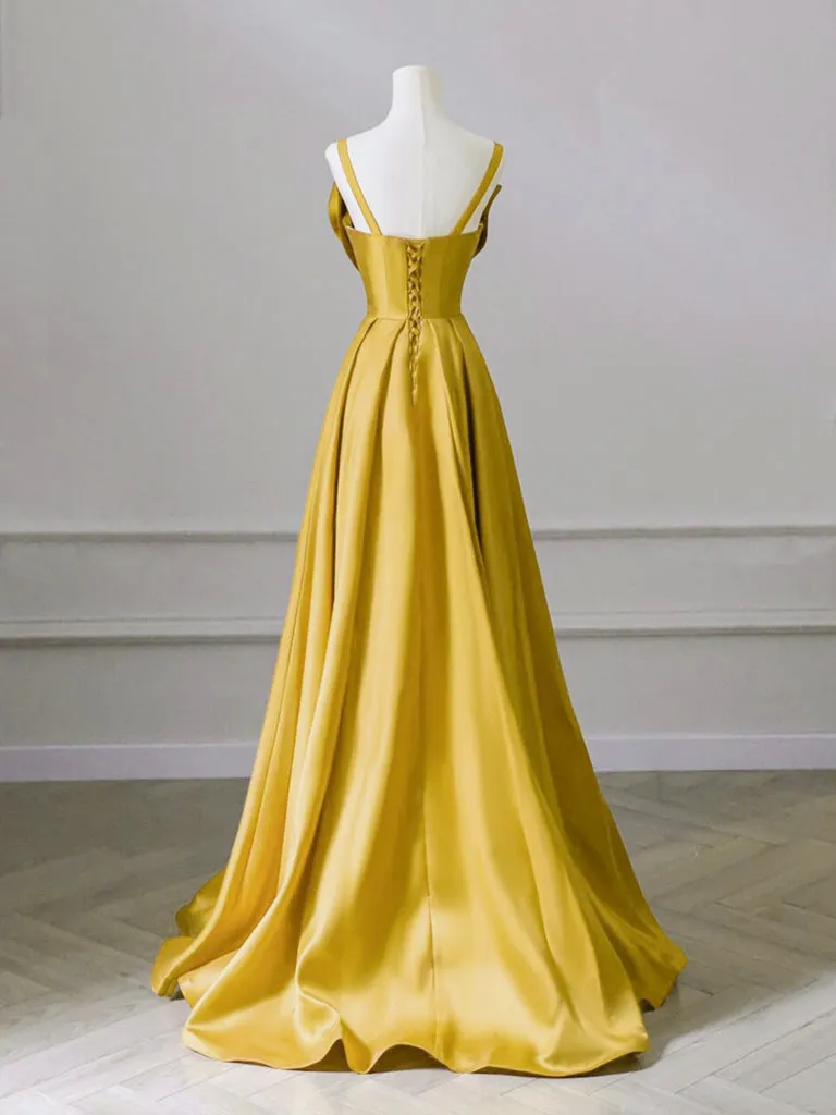 A-Line Sweetheart Neck Satin Yellow Long Prom Dress, Yellow Long Formal Dress