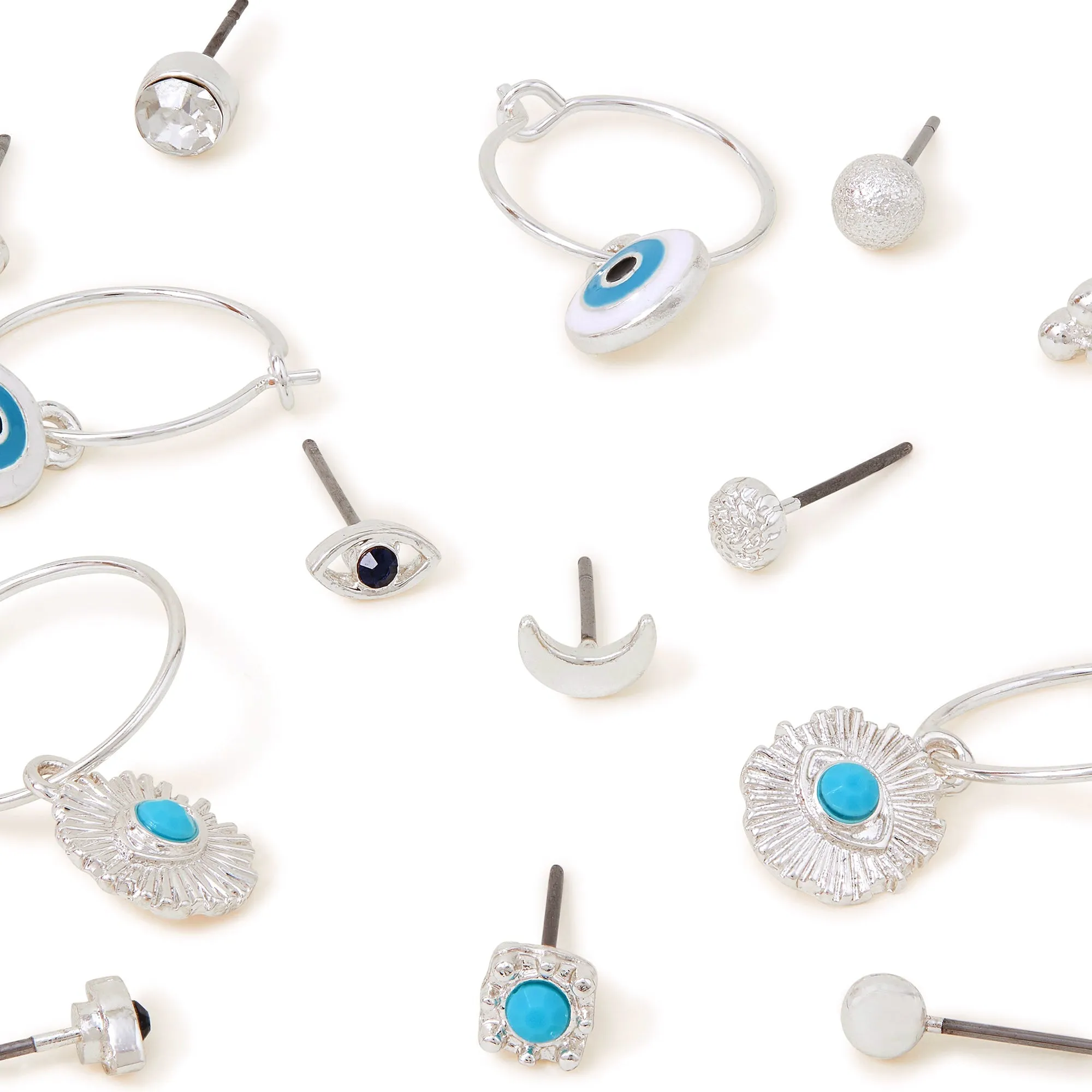 Accessorize London Women's Silver Set Of 10 Stud And Evil Eye Hoop Earring