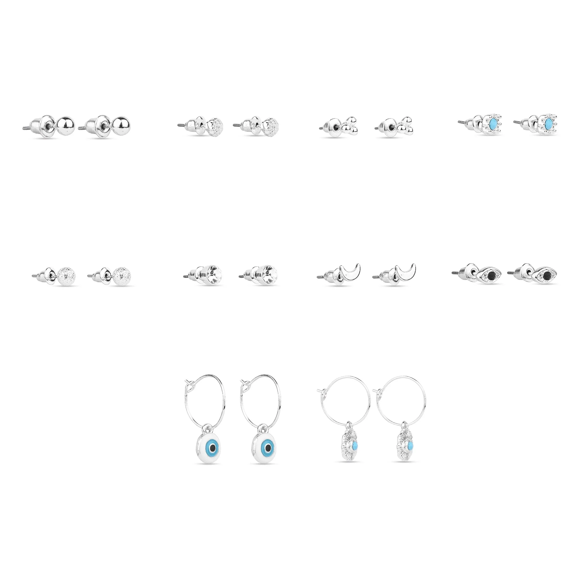 Accessorize London Women's Silver Set Of 10 Stud And Evil Eye Hoop Earring