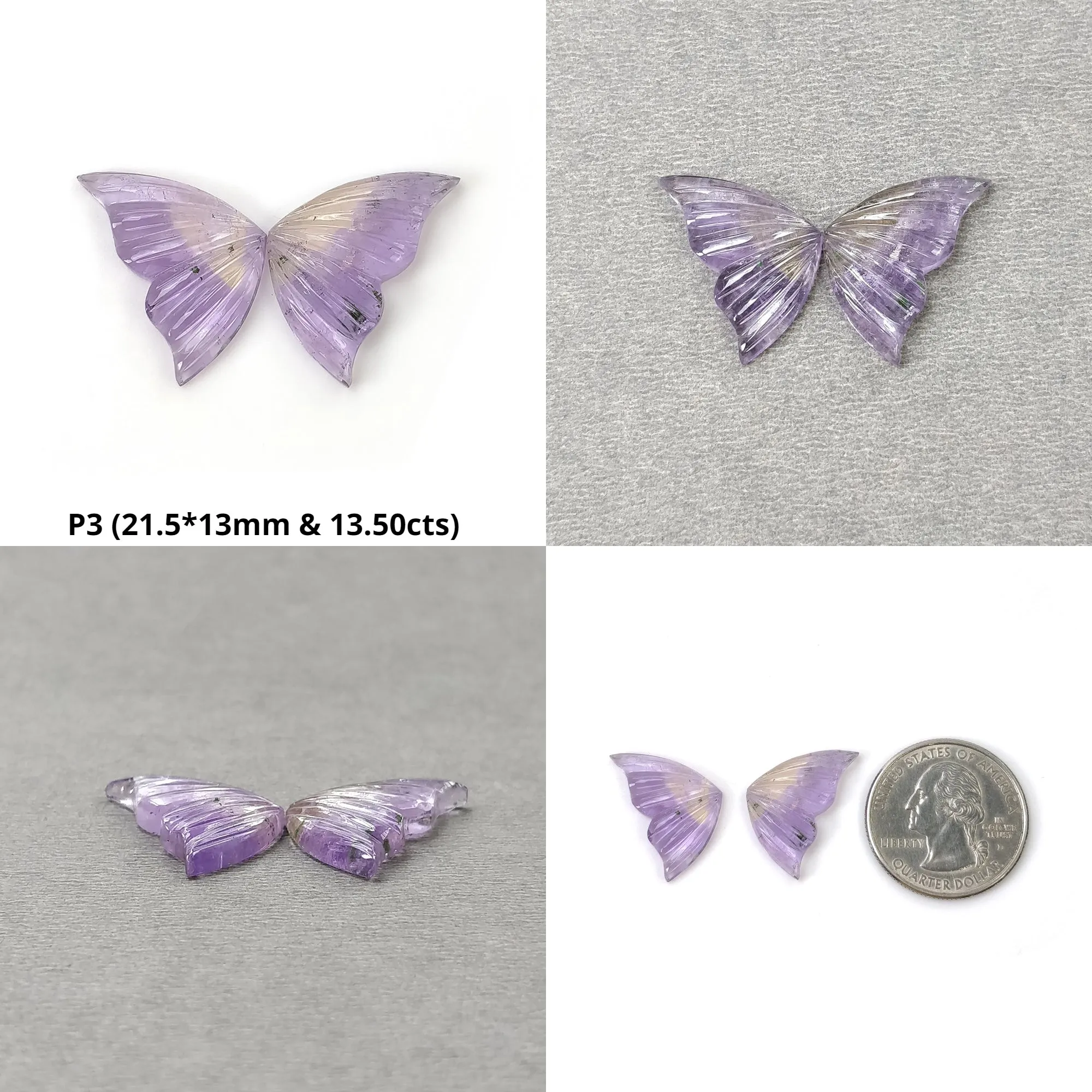 AMETRINE Gemstone Carving : Natural Untreated Unheated Purple Yellow Ametrine Hand Carved Butterfly Pair