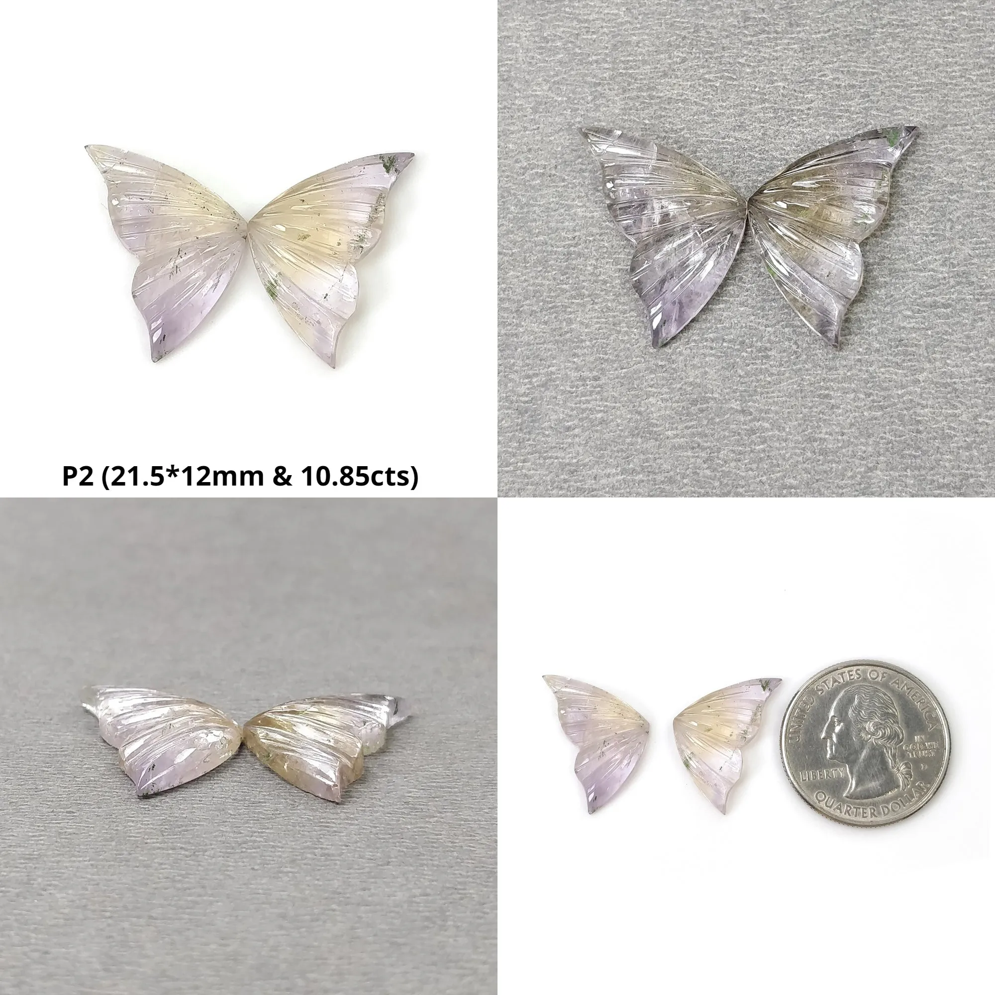 AMETRINE Gemstone Carving : Natural Untreated Unheated Purple Yellow Ametrine Hand Carved Butterfly Pair