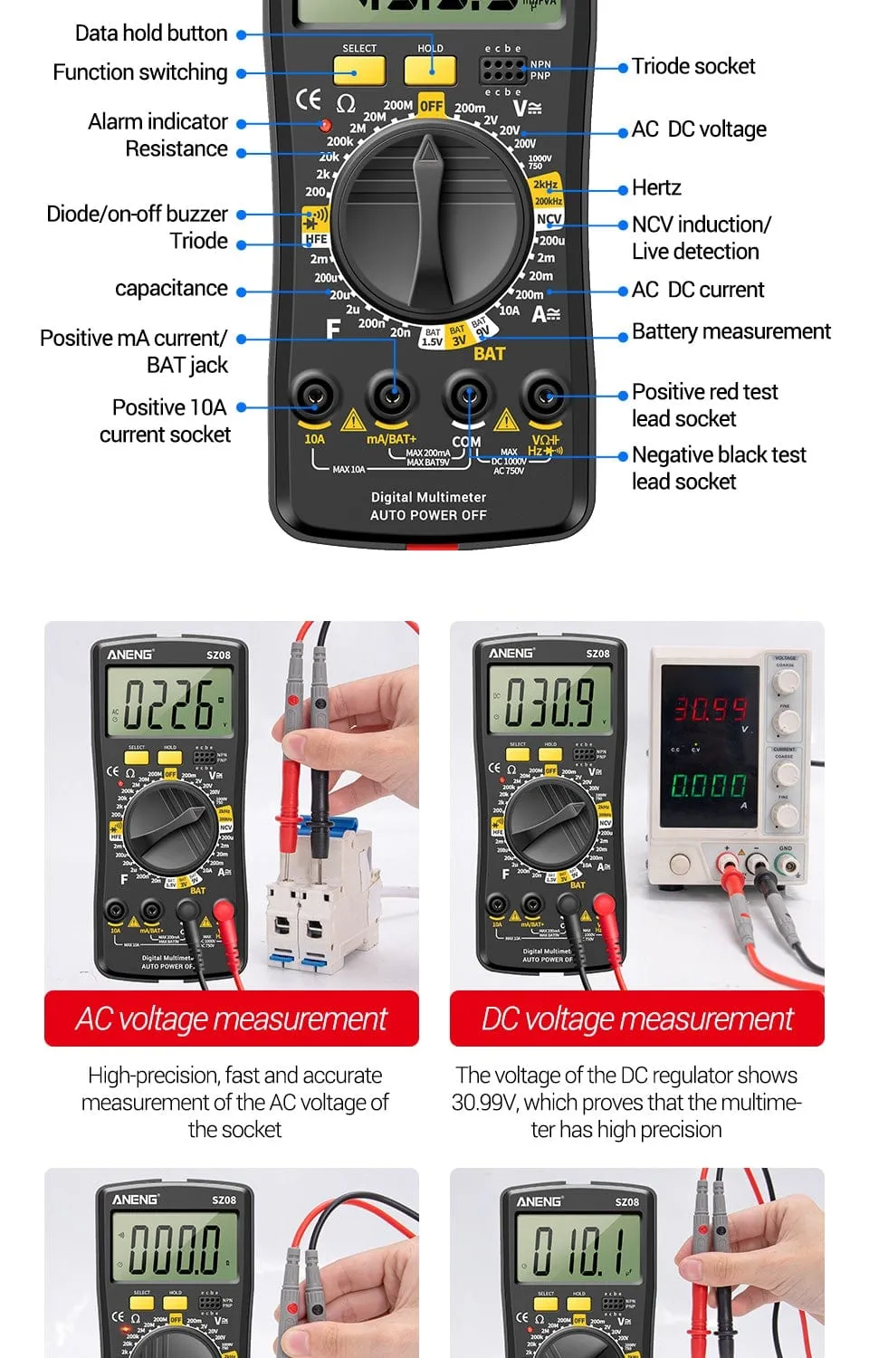 ANENG SZ08 Digital Multimeter Ultra-thin storage Professional Multimetro Auto Voltmeter AC DC 220V Resistance Handhold Testers