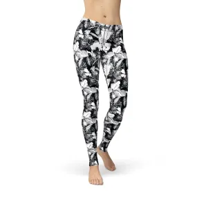 Avery Black White Leaves Leggings