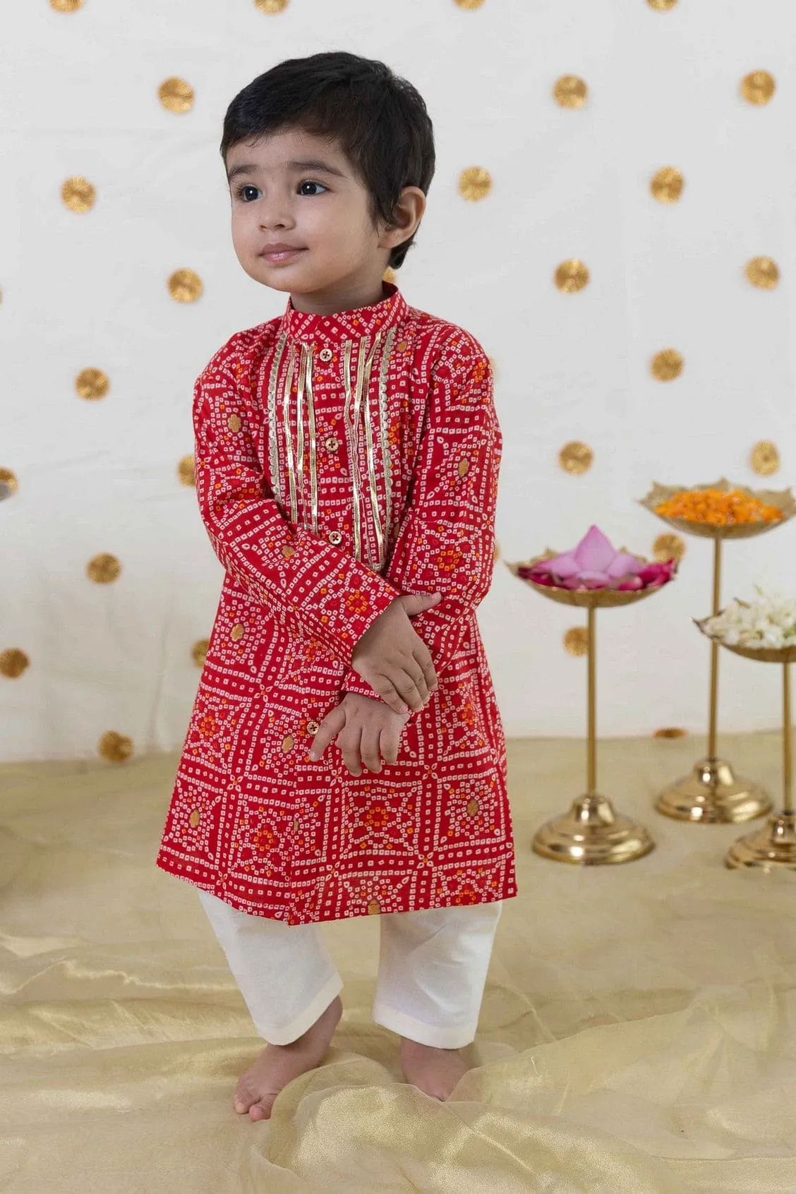 Baby Boy Bandhani Print Cotton Kurta Set - Red