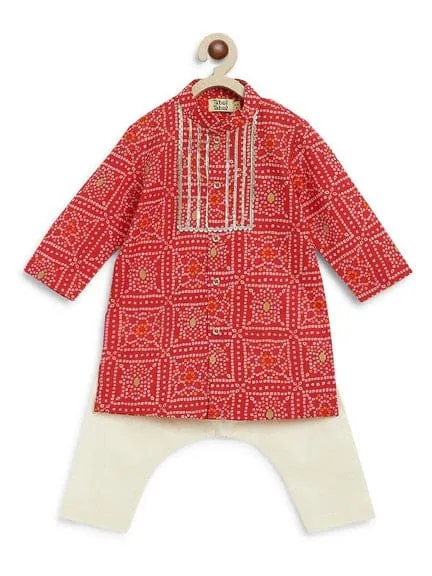 Baby Boy Bandhani Print Cotton Kurta Set - Red