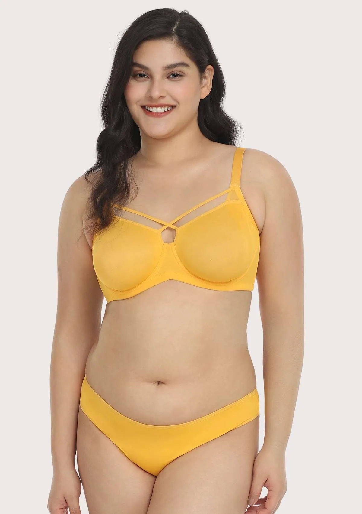 Billie Cross Front Strap Yellow Smooth Sheer Mesh Underwire Bra Set