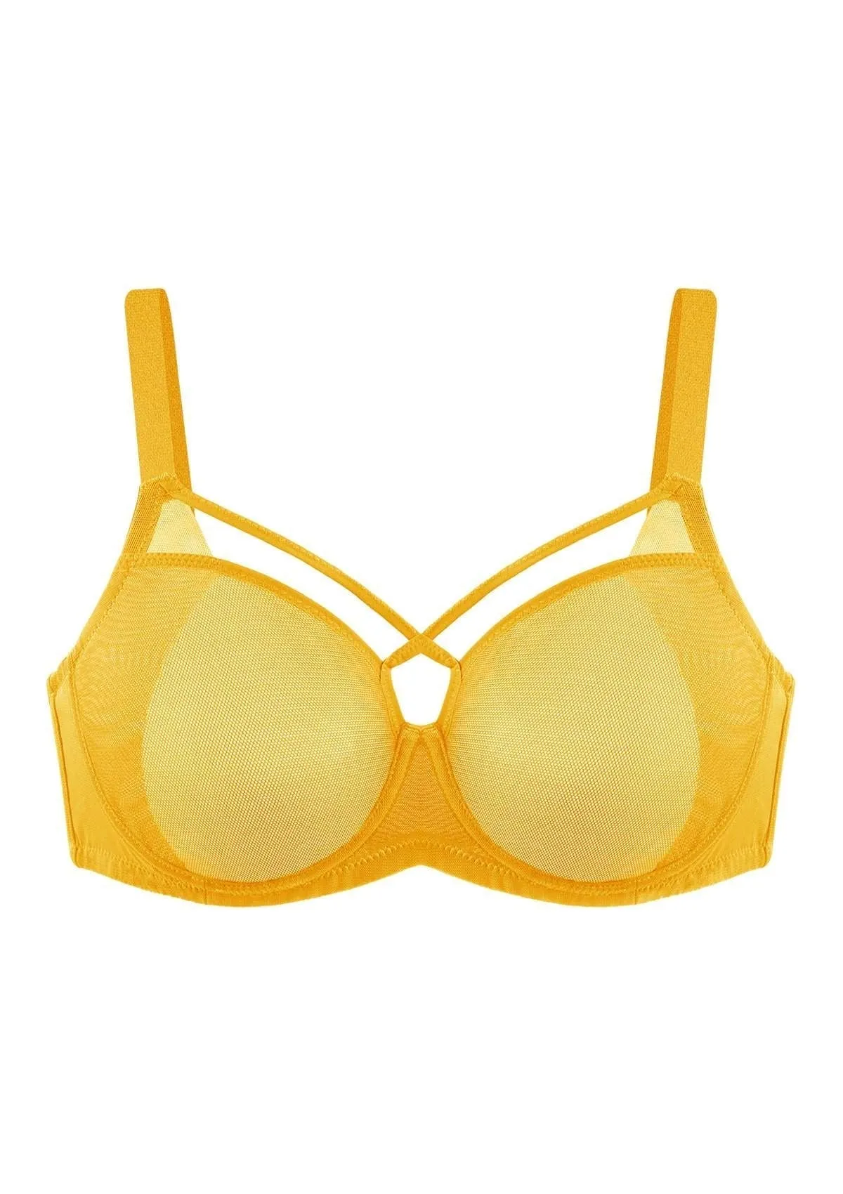 Billie Cross Front Strap Yellow Smooth Sheer Mesh Underwire Bra Set