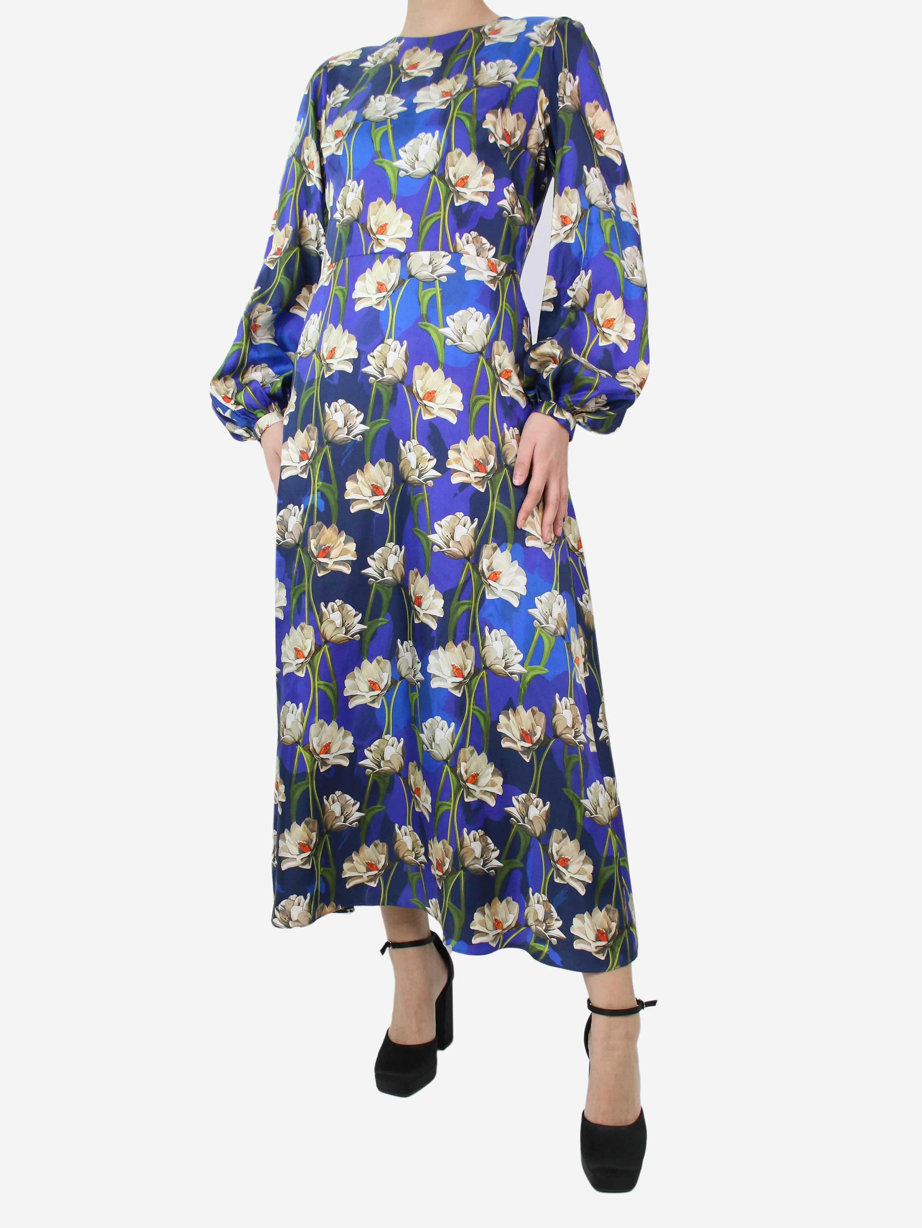 Blue silk floral printed midi dress - size UK 12