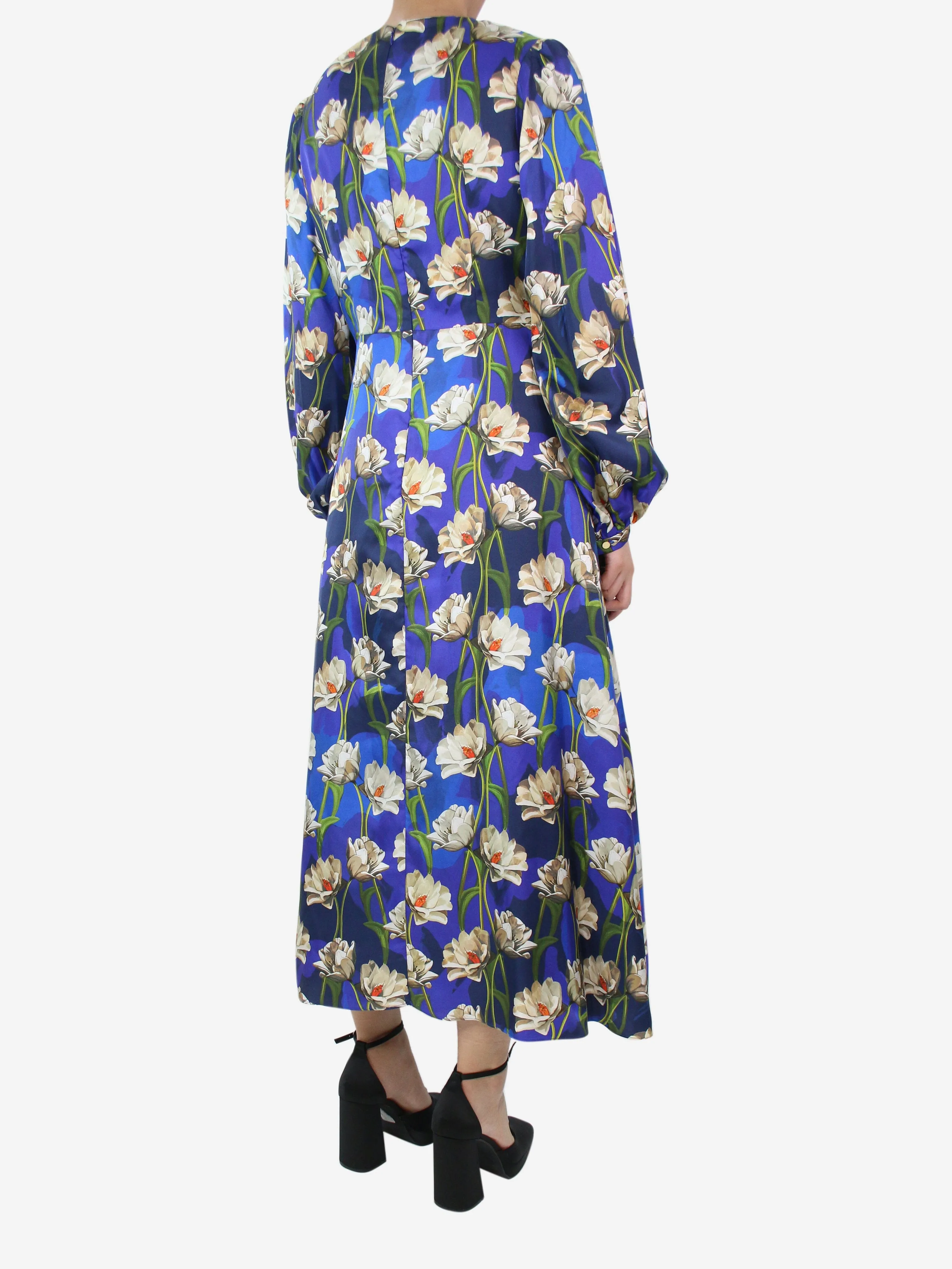 Blue silk floral printed midi dress - size UK 12