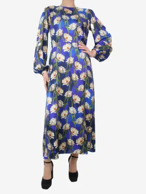 Blue silk floral printed midi dress - size UK 12