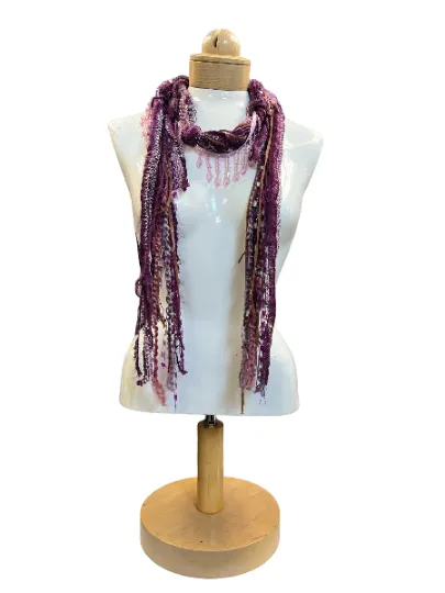 Boho Beaded Lightweight Scarf Necklace - Pink and Purple with Beads