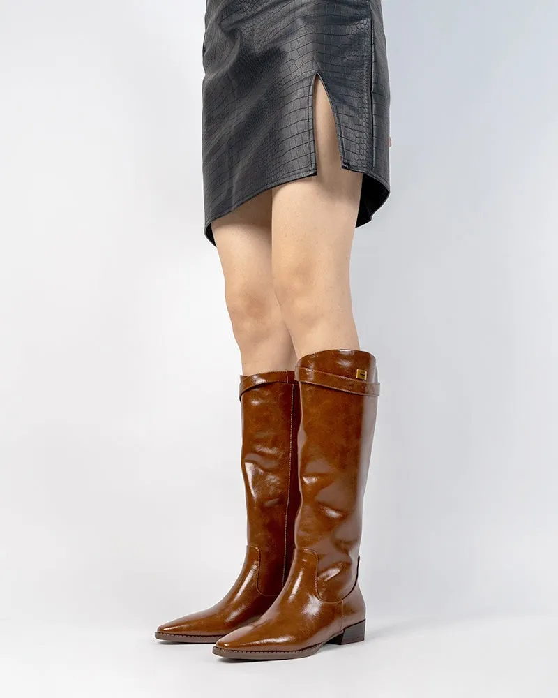 Buckle Detail Knee High Elastic Low Heel Riding Boots