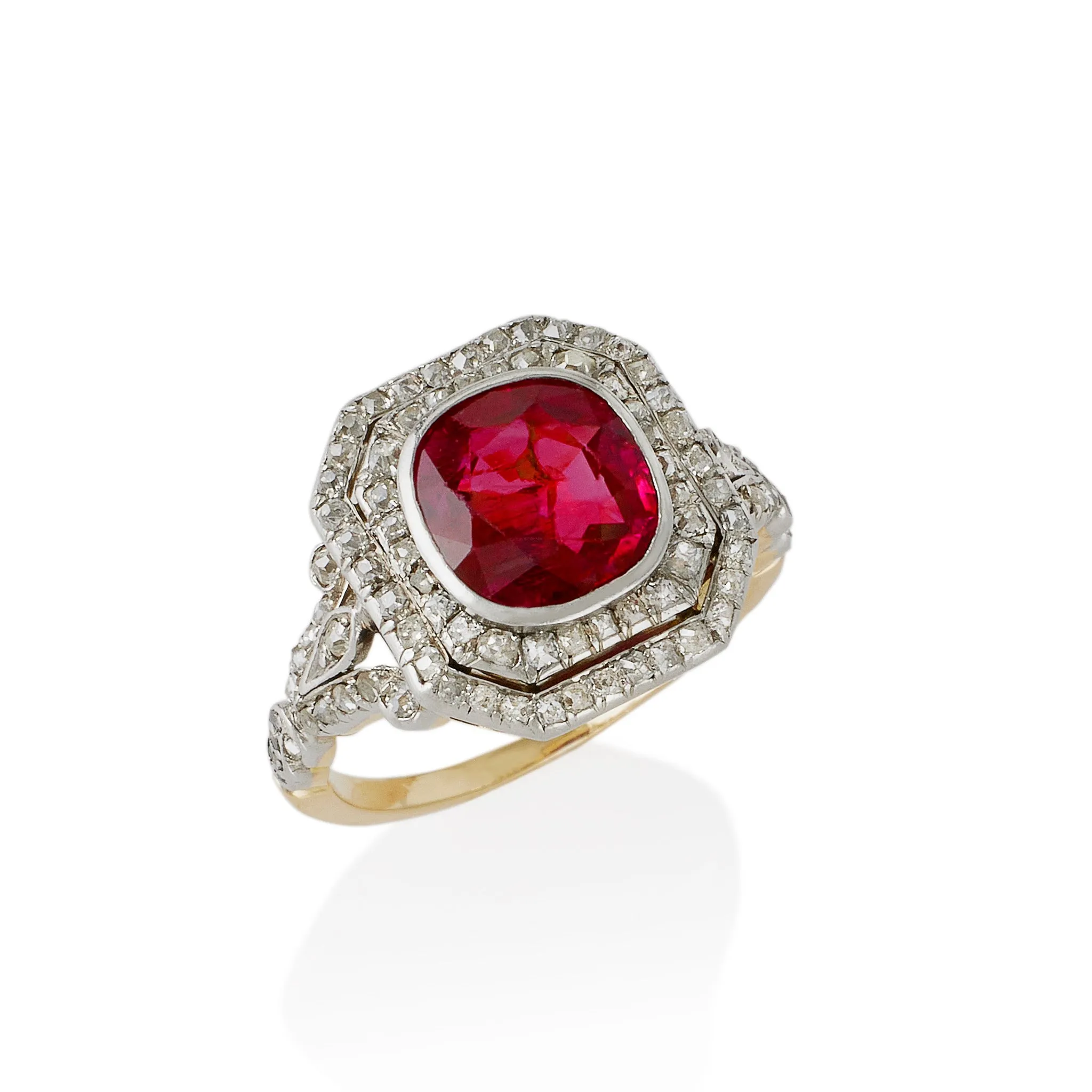 Burmese SSEF No-Heat Ruby and Old Mine-cut Diamond Ring