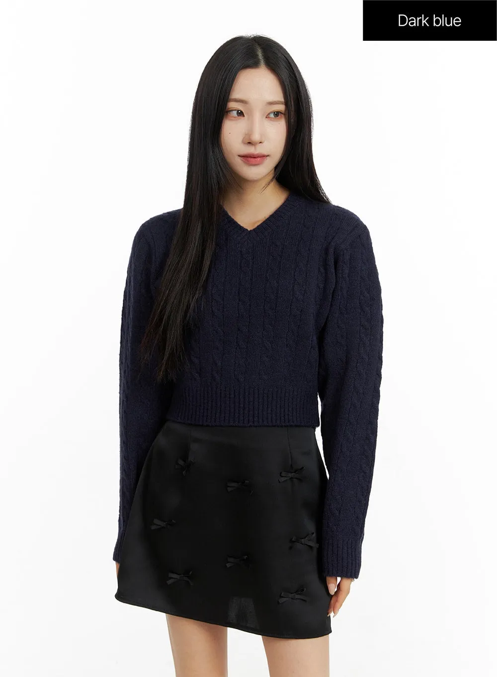 Cable Knit V-Neck Cropped Long Sleeve CF416