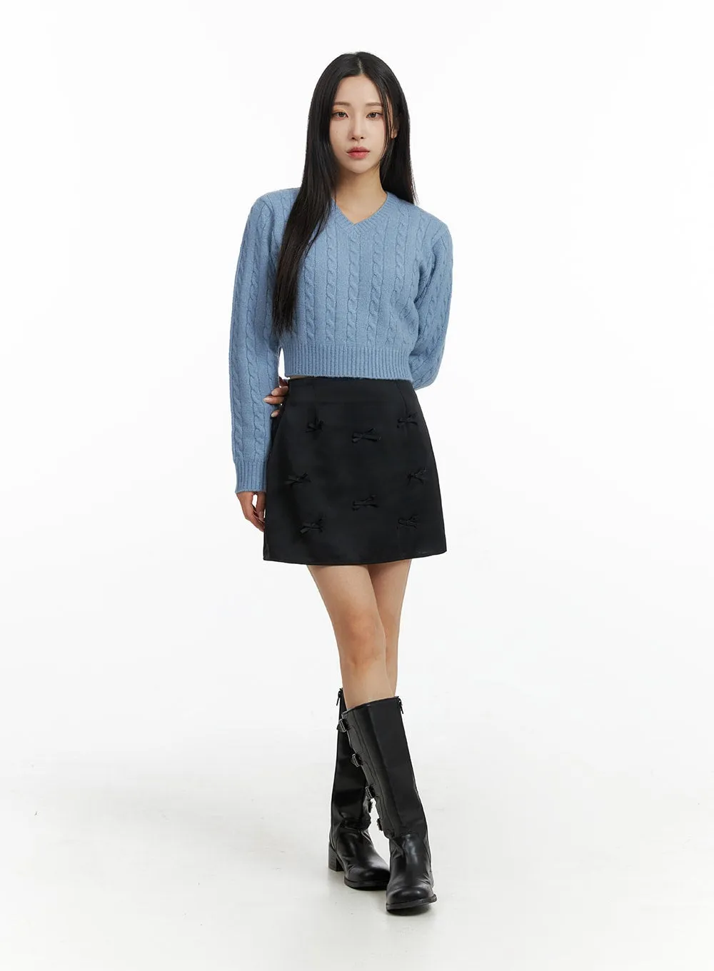 Cable Knit V-Neck Cropped Long Sleeve CF416