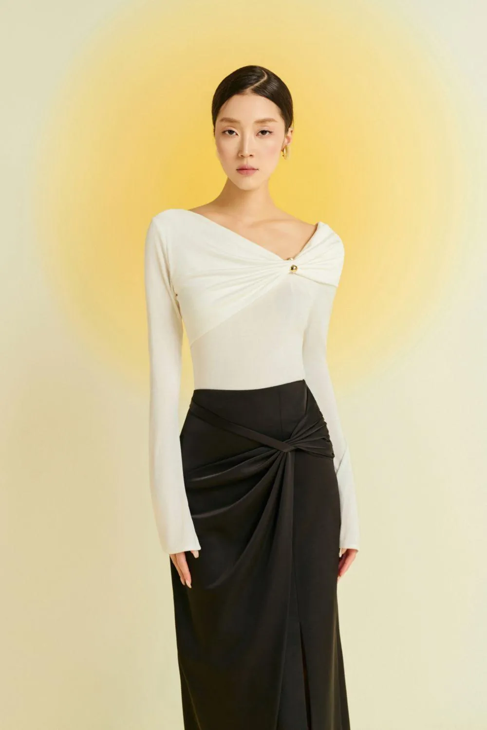 Camellia Asymmetric Twisted Silk Midi Skirt