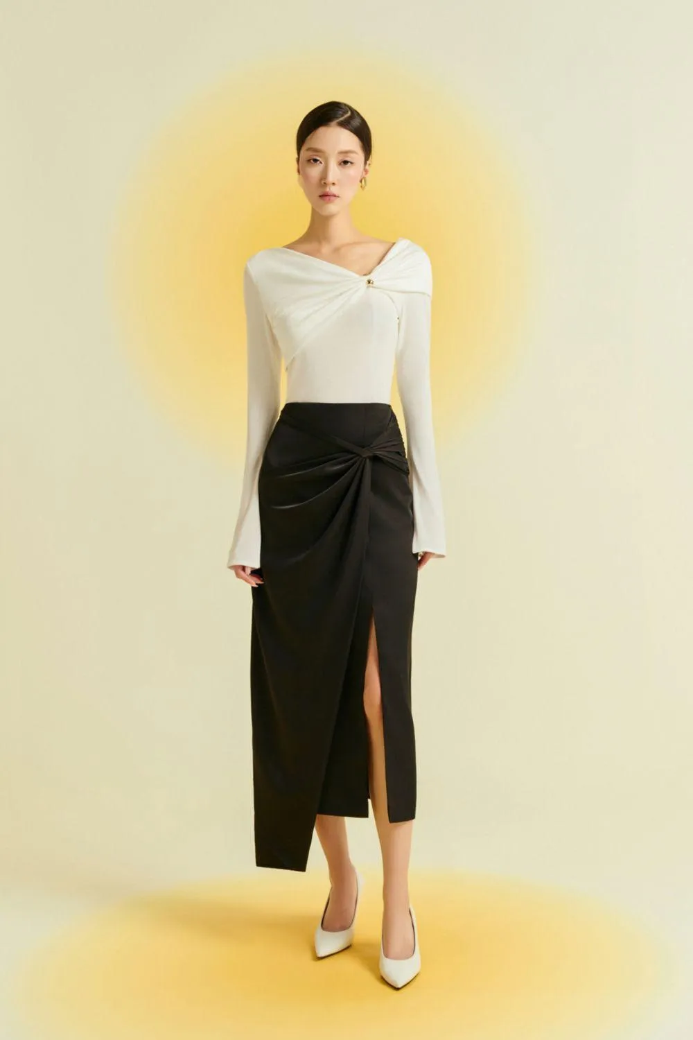 Camellia Asymmetric Twisted Silk Midi Skirt