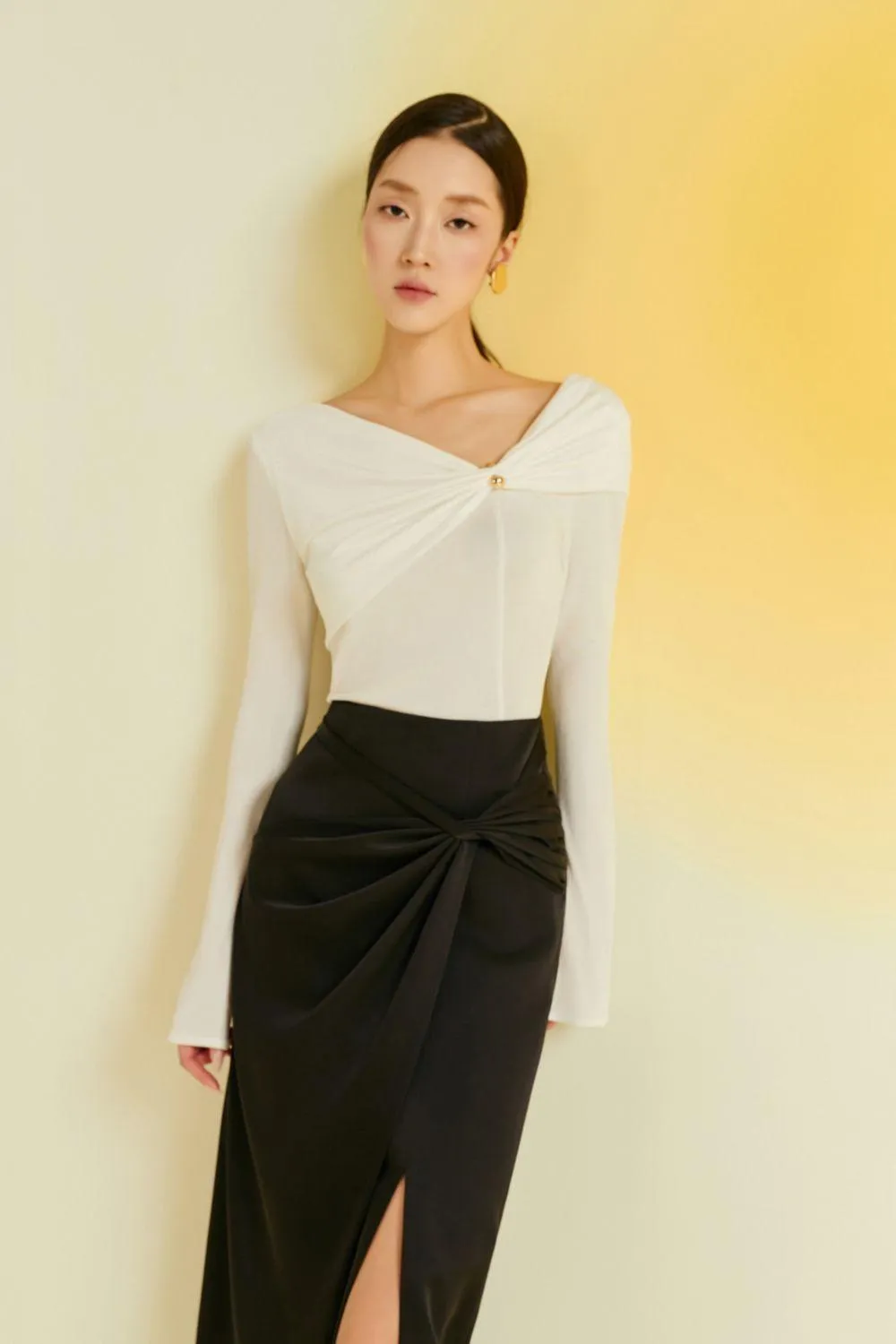 Camellia Asymmetric Twisted Silk Midi Skirt