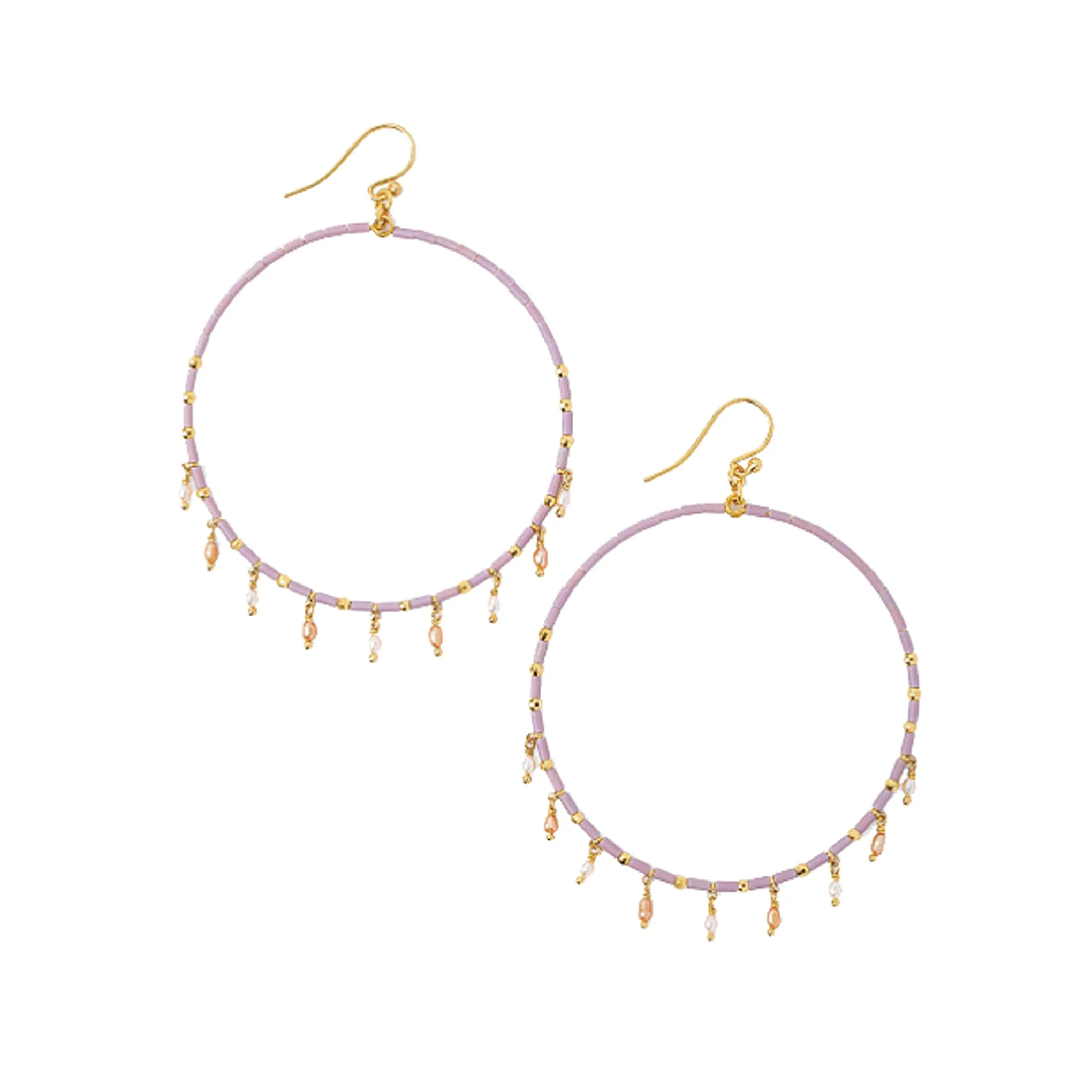 Chan Luu Gold Hoop Earrings in Mauve Seed Beads with Pearl Charms