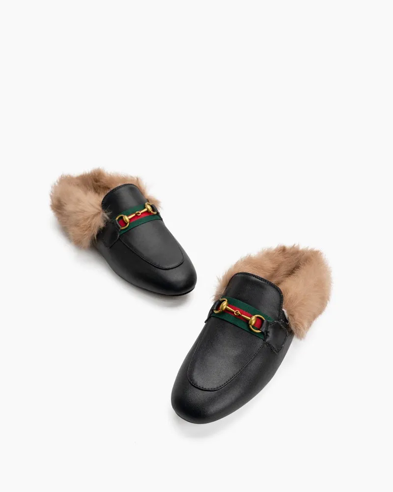 Classic Metal Buckle Fur Backless Leather Slip On Mules