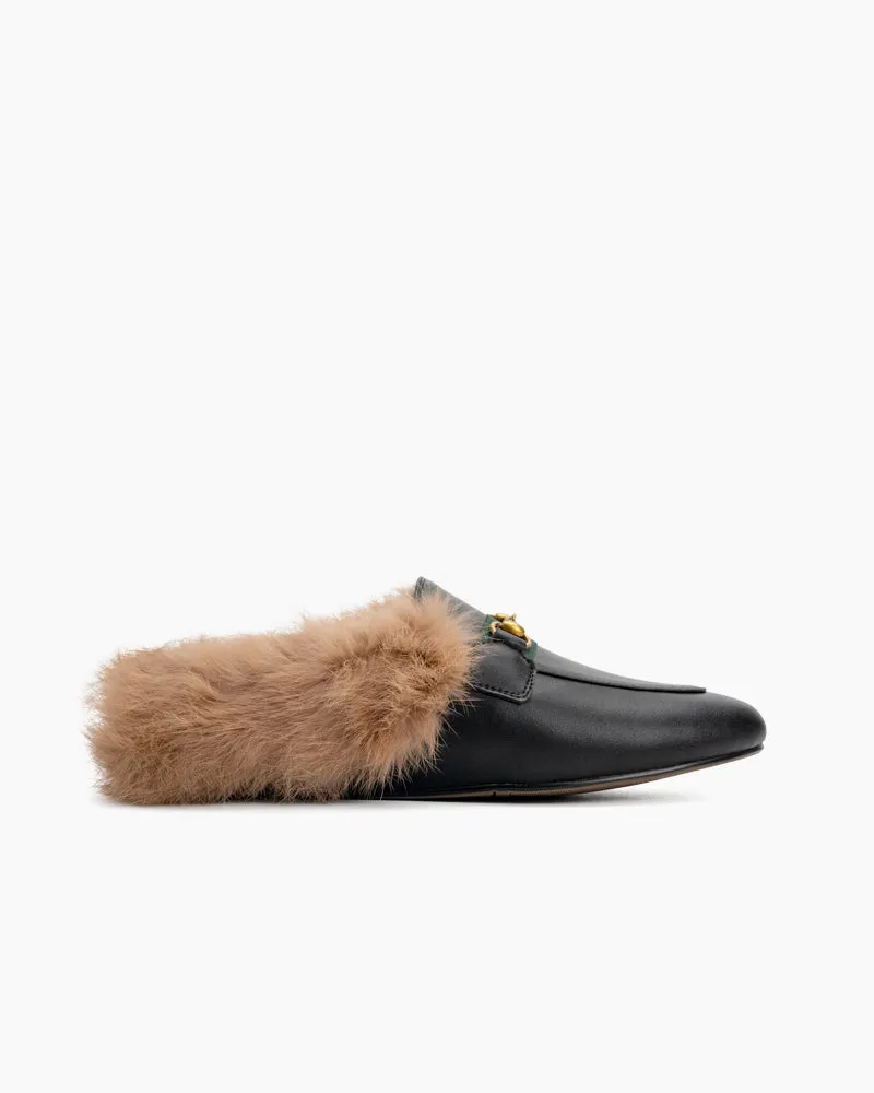 Classic Metal Buckle Fur Backless Leather Slip On Mules