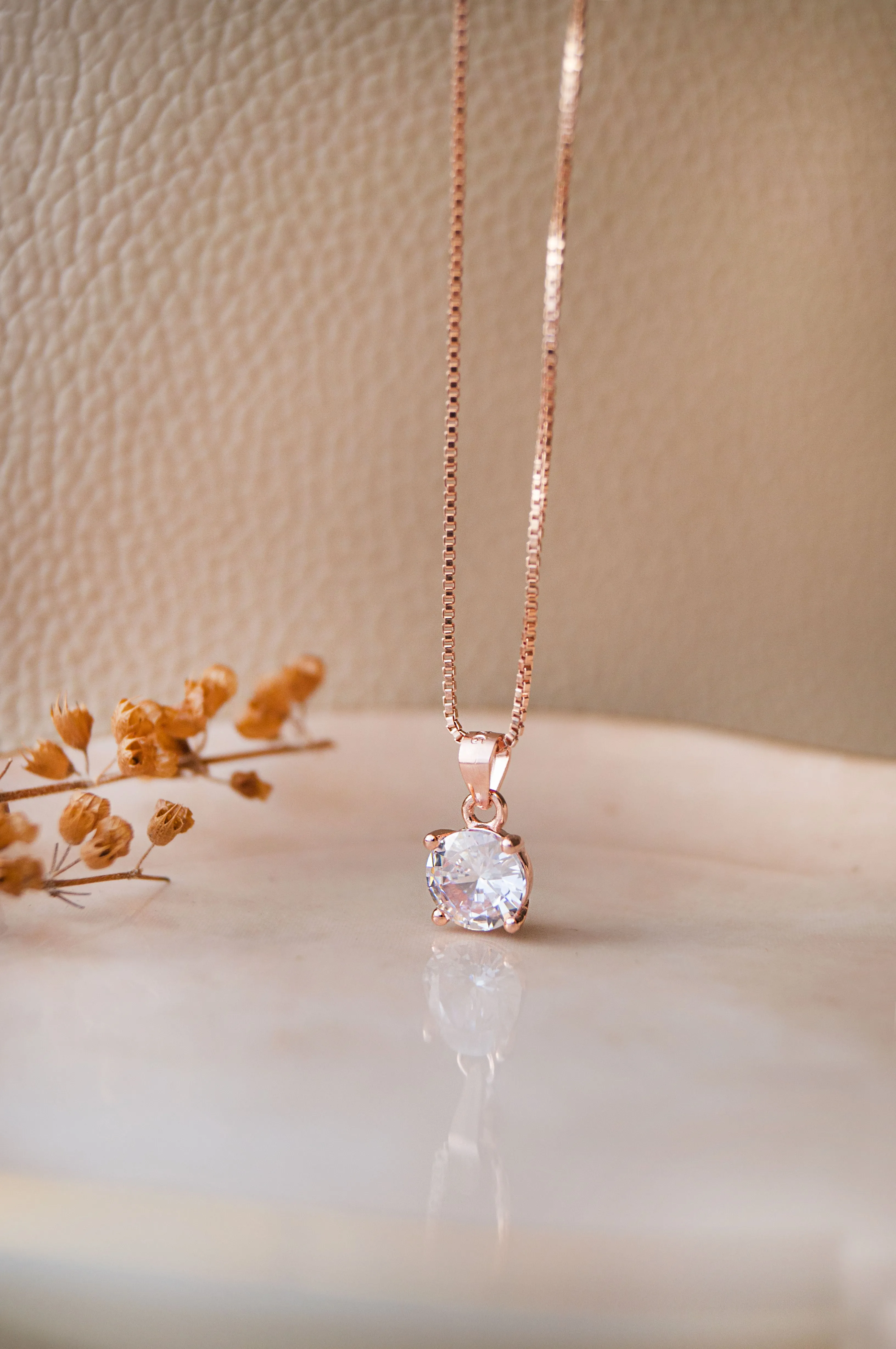 Classic Solitaire Rose Gold Plated Sterling Silver Pendant Set