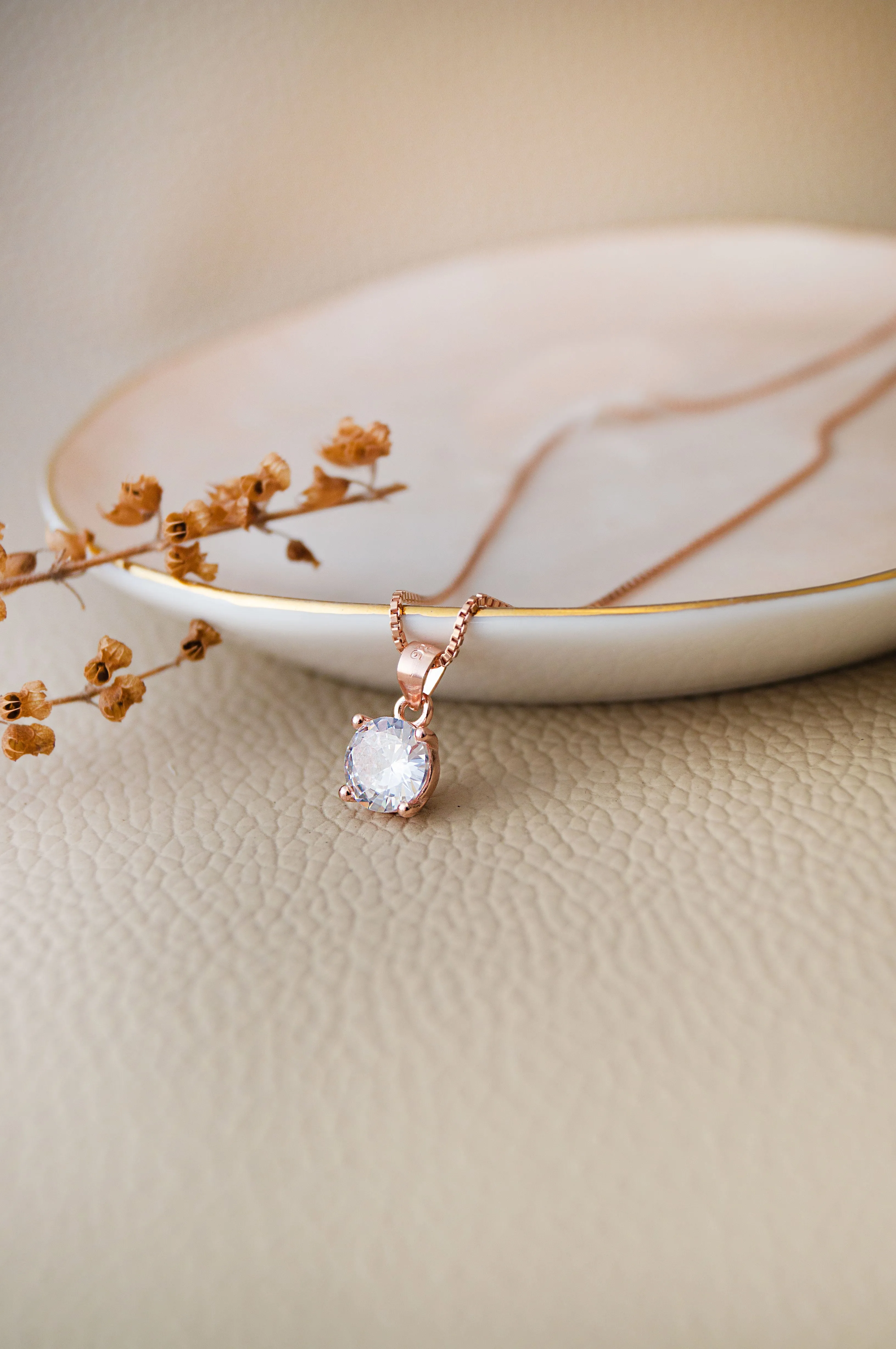 Classic Solitaire Rose Gold Plated Sterling Silver Pendant Set