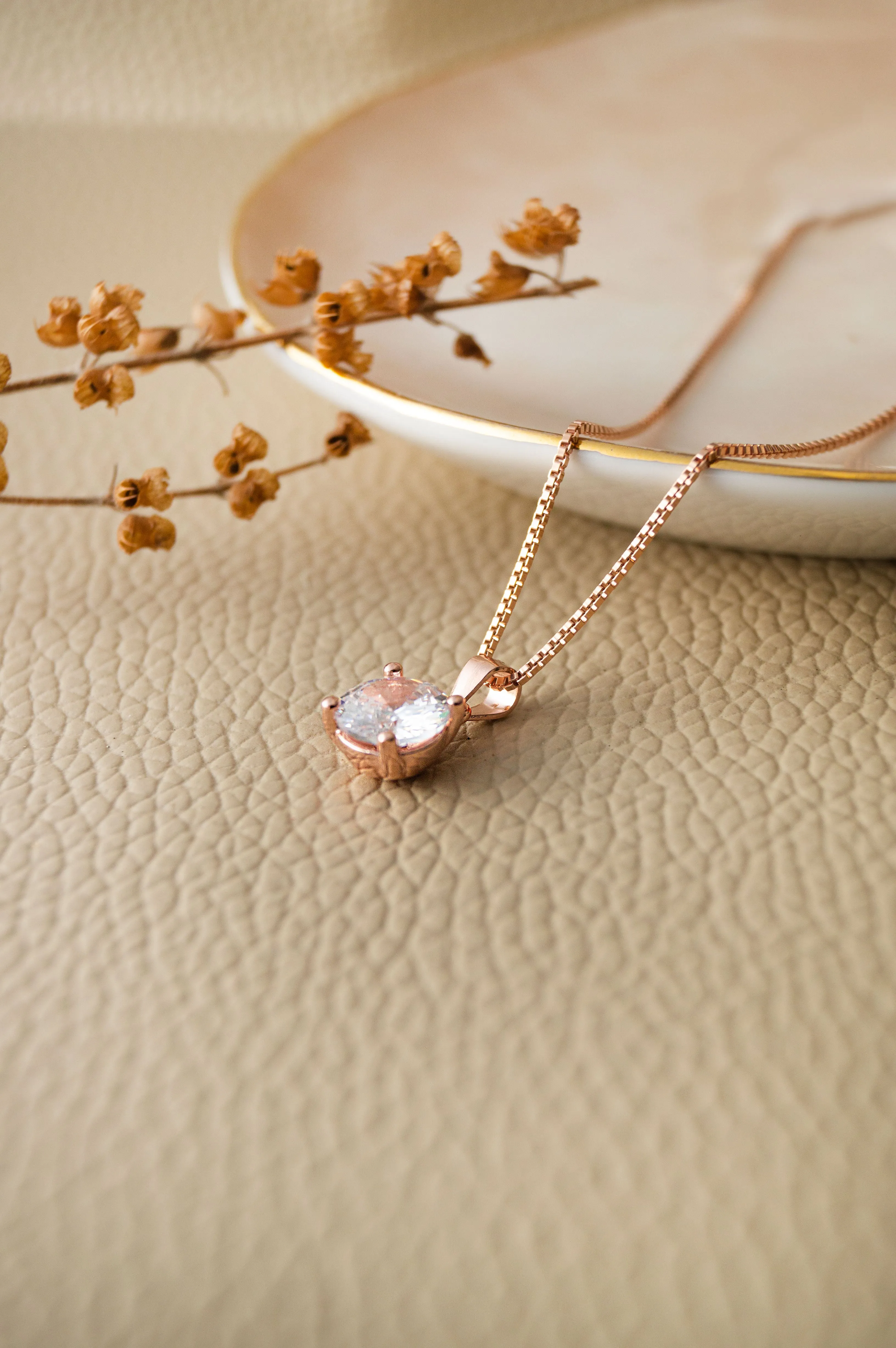 Classic Solitaire Rose Gold Plated Sterling Silver Pendant Set