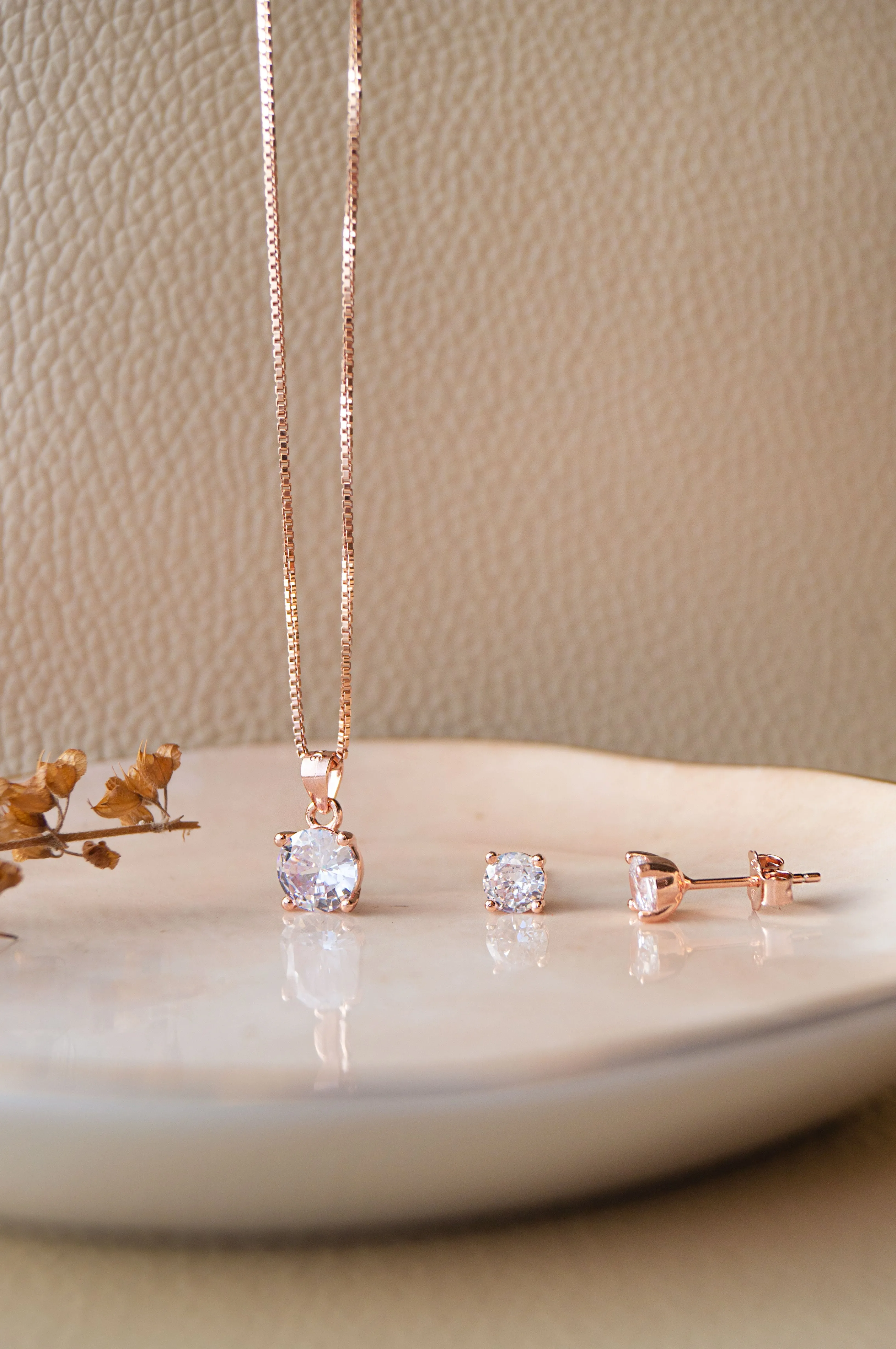 Classic Solitaire Rose Gold Plated Sterling Silver Pendant Set