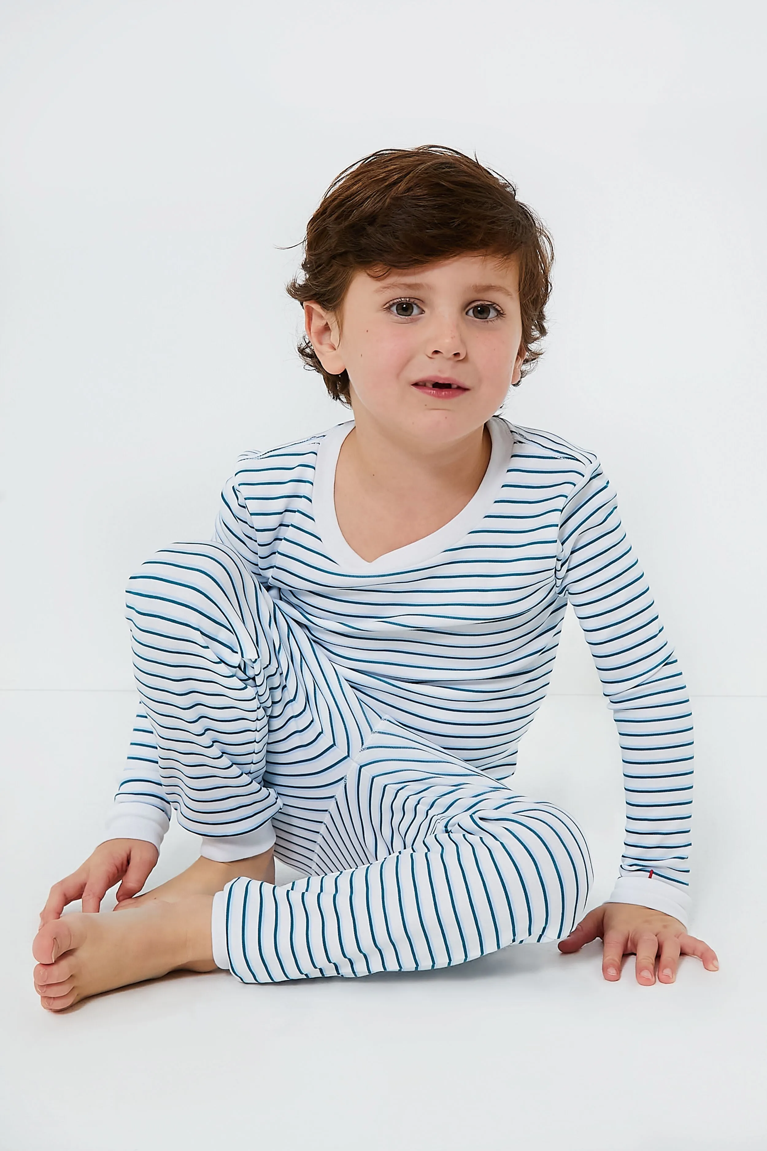 Conifer and Ice Blue Double Stripe Organic Long Sleeve Pajama Set