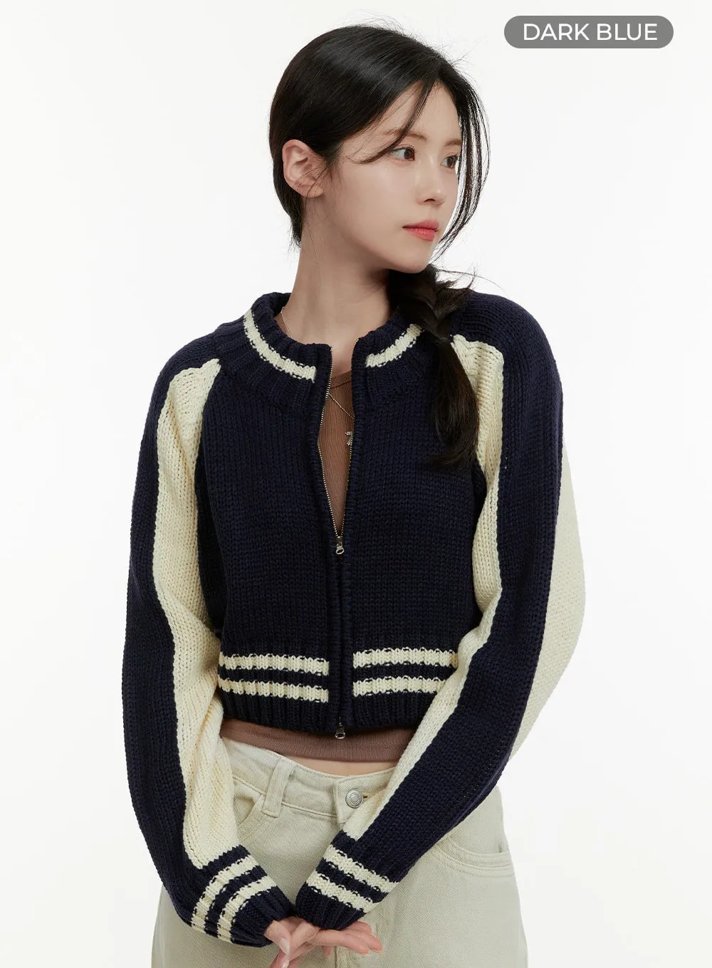 Crop Color Block Zip-Up Sweater OA405