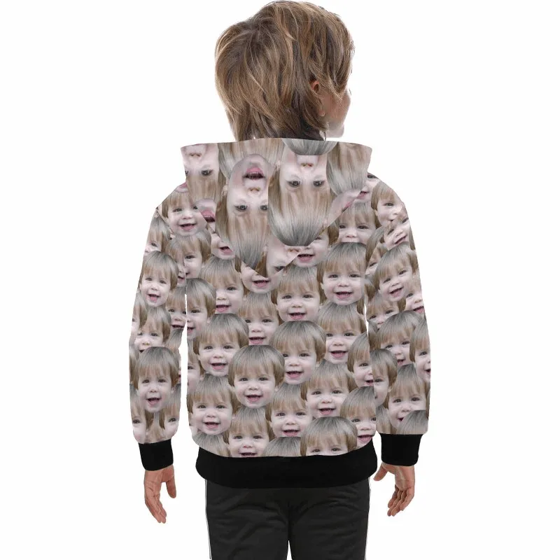 Custom Seamless Face Kid's Long Sleeve Full Zip Hoodie for 2-15Y Personalized Hooded Loose Hoodie