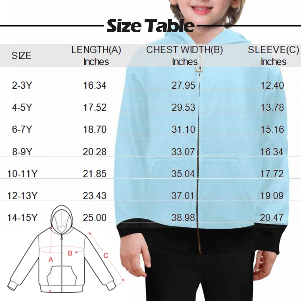 Custom Seamless Face Kid's Long Sleeve Full Zip Hoodie for 2-15Y Personalized Hooded Loose Hoodie